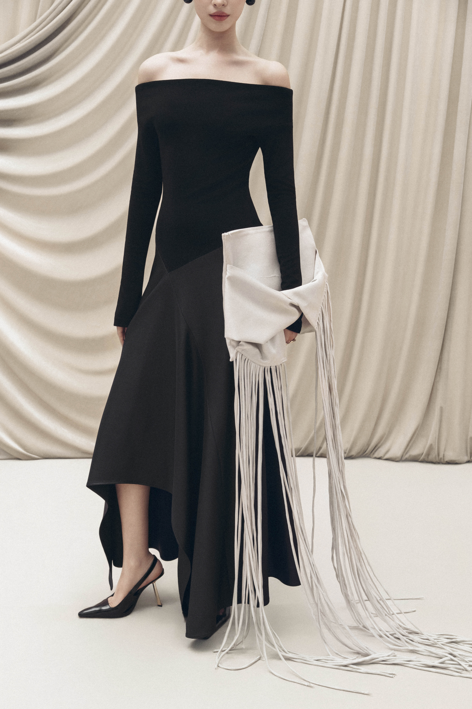 Asymmetric Off-Shoulder A-Line Midi in Black