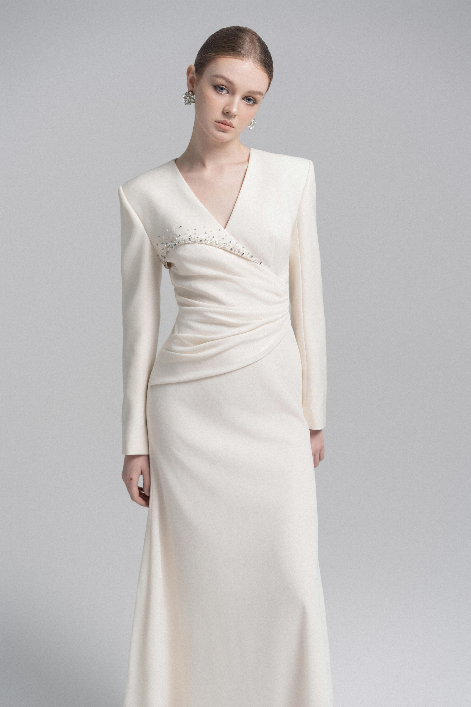 Asymmetrical Lapel Crystal Blazer Dress | Black Gown L - US 8 / Cream Asymmetrical Lapel Crystal Blazer Dress | Black Gown L - US 8 / Cream