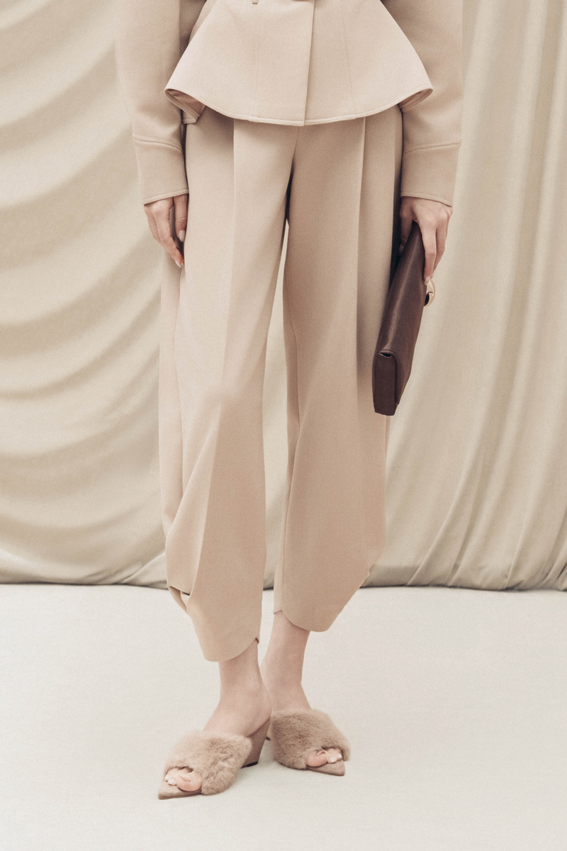 Twisted-Hem Cocoon Pants in Hazelnut | Sculptural Trousers