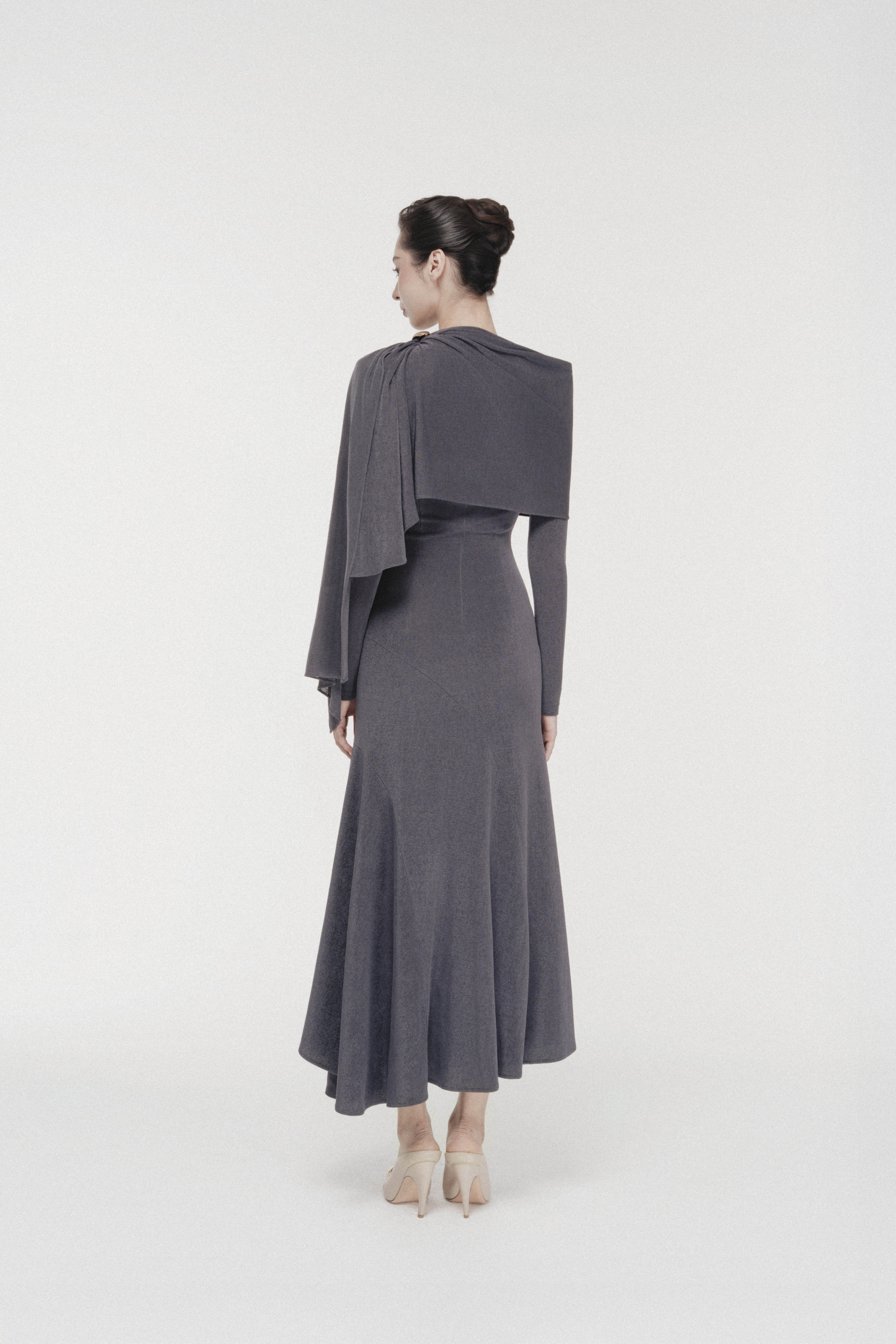 Sculpted High-Neck Fishtail Midi in Bezel