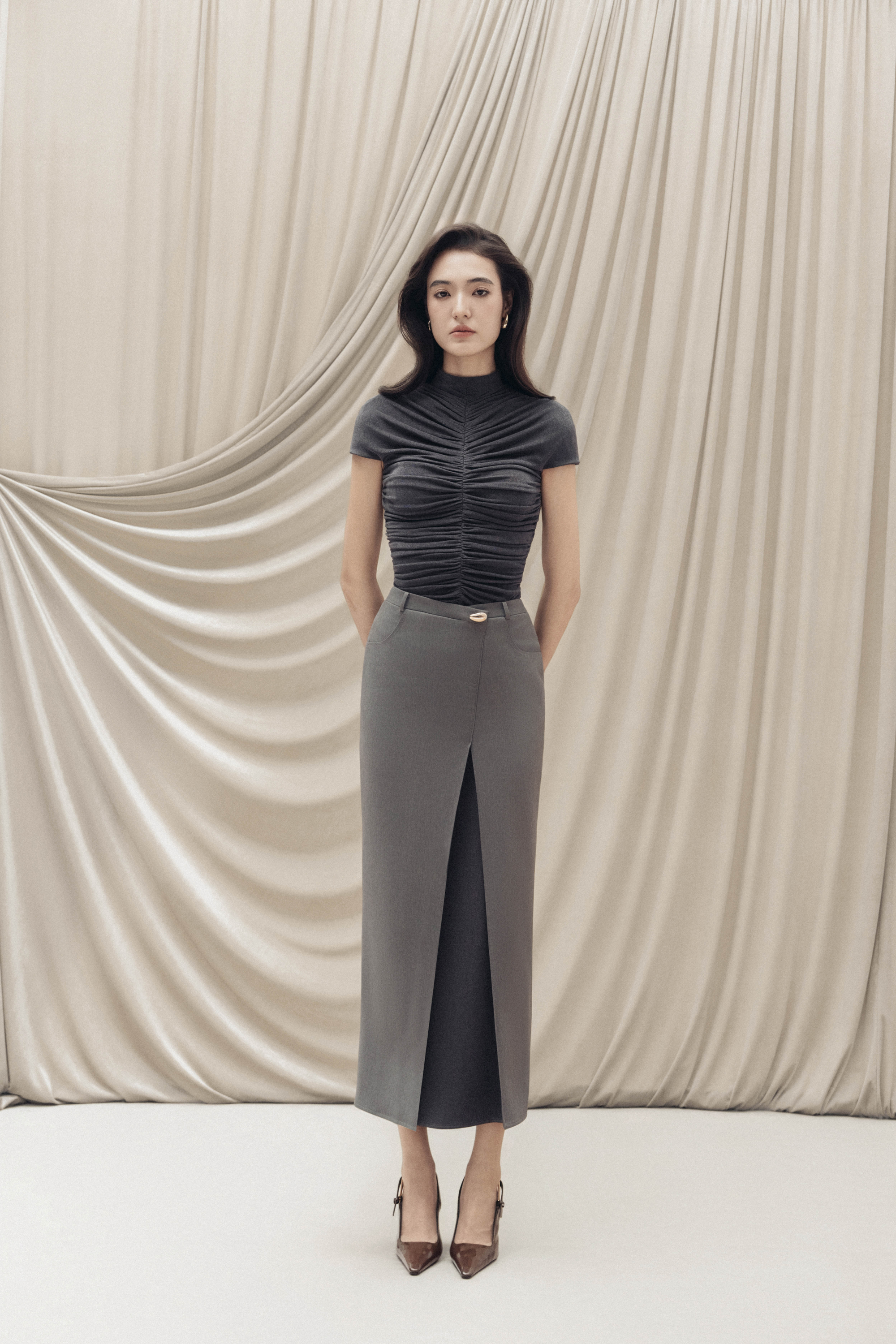 Solstice Cropped Jacket Top & Skirt in Monument x Bezel