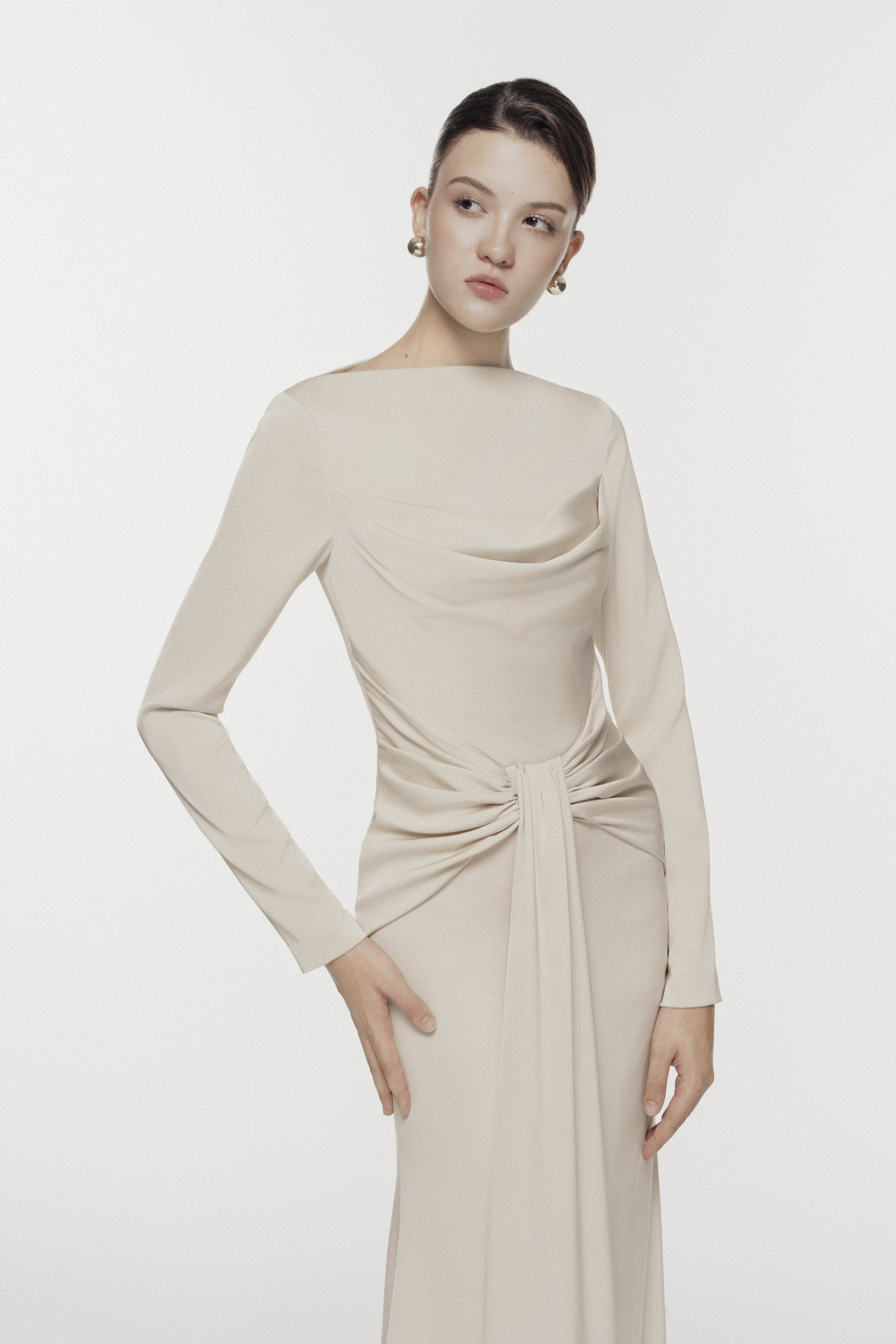 Symmetry Draped Evening Gown in Ivory | Formal Maxi Dress