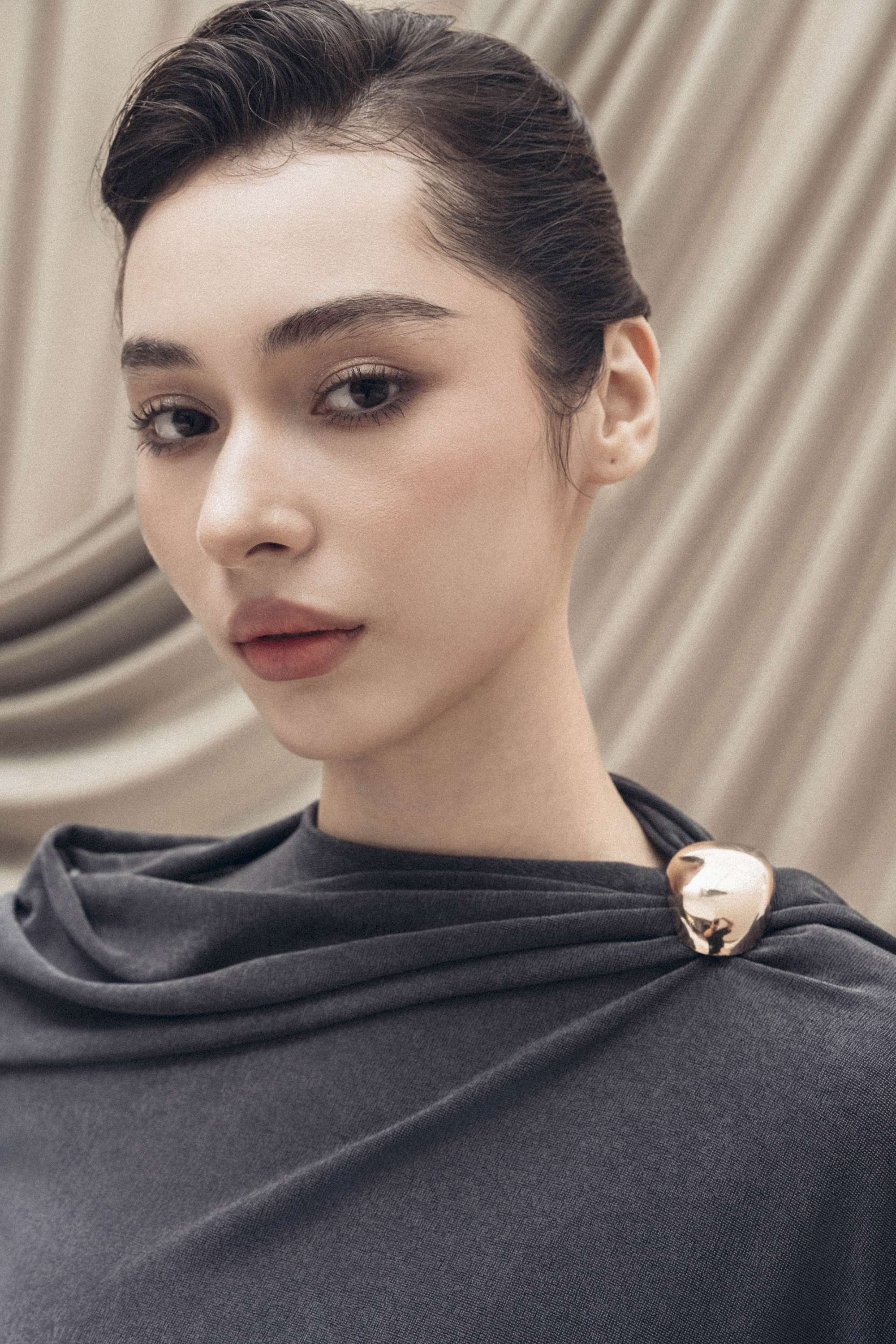 Sculpted High-Neck Fishtail Midi in Bezel