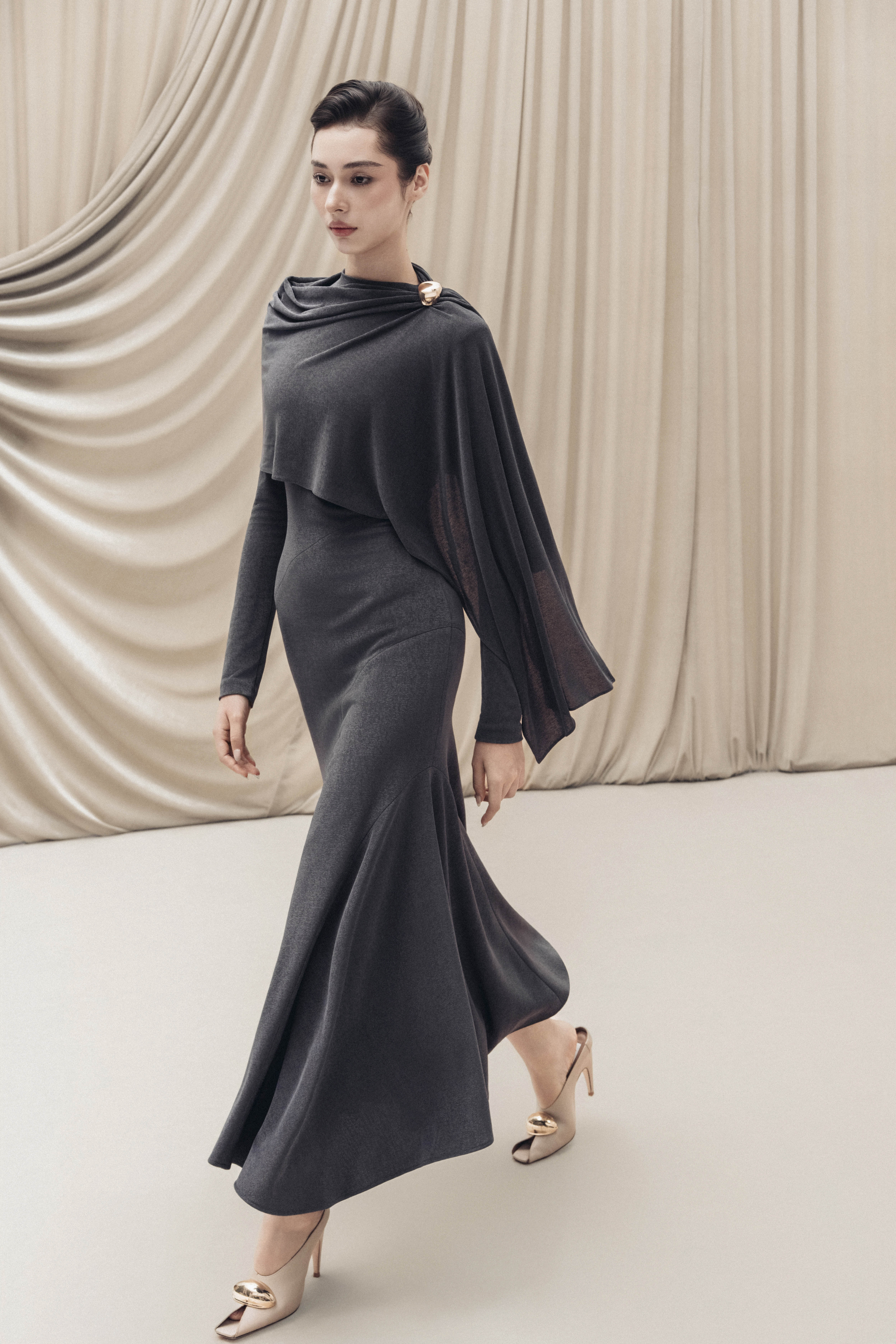 Sculpted High-Neck Fishtail Midi in Bezel