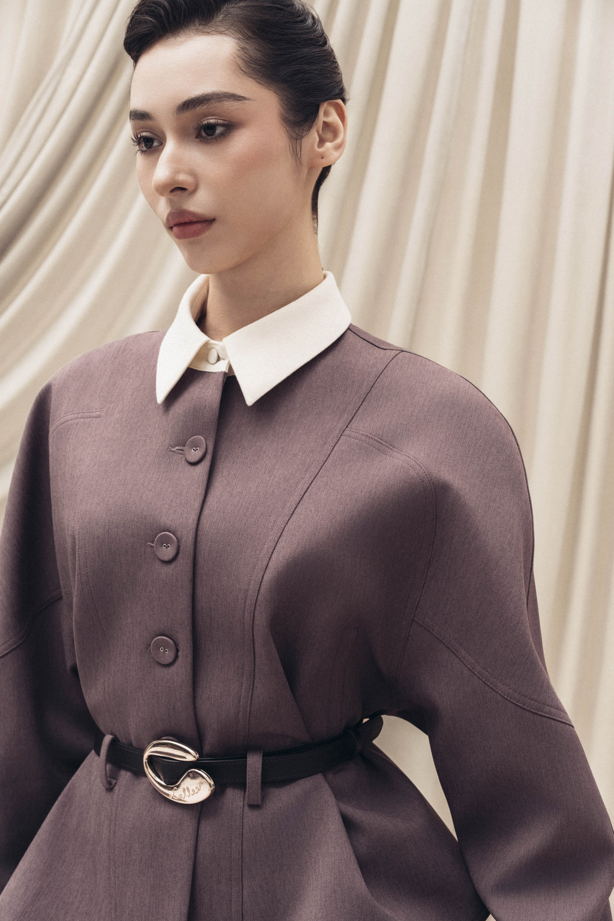 Quilted Structure Short Jacket & Leg Trousers in Rose Taupe