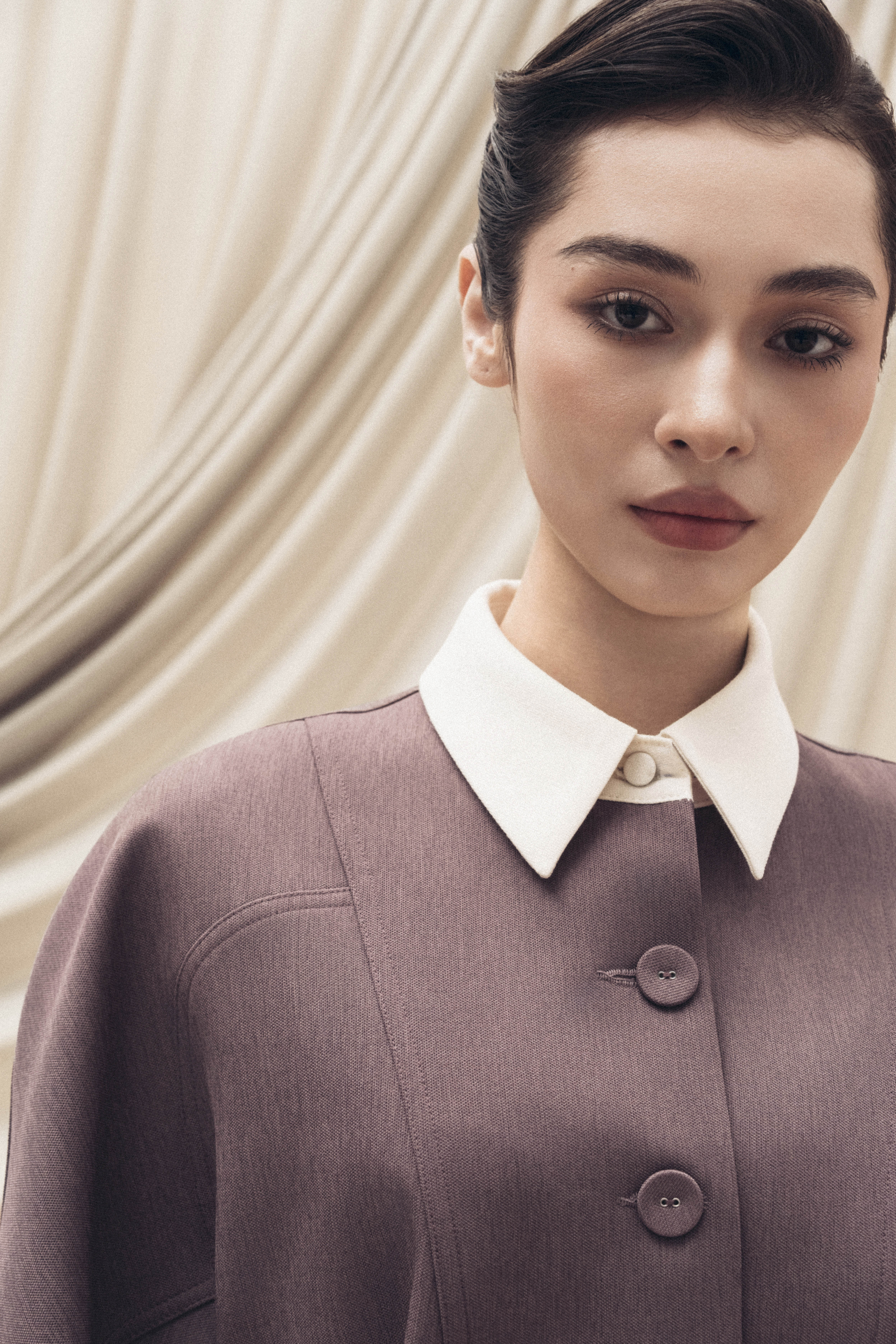 Quilted Structure Short Jacket & Leg Trousers in Rose Taupe