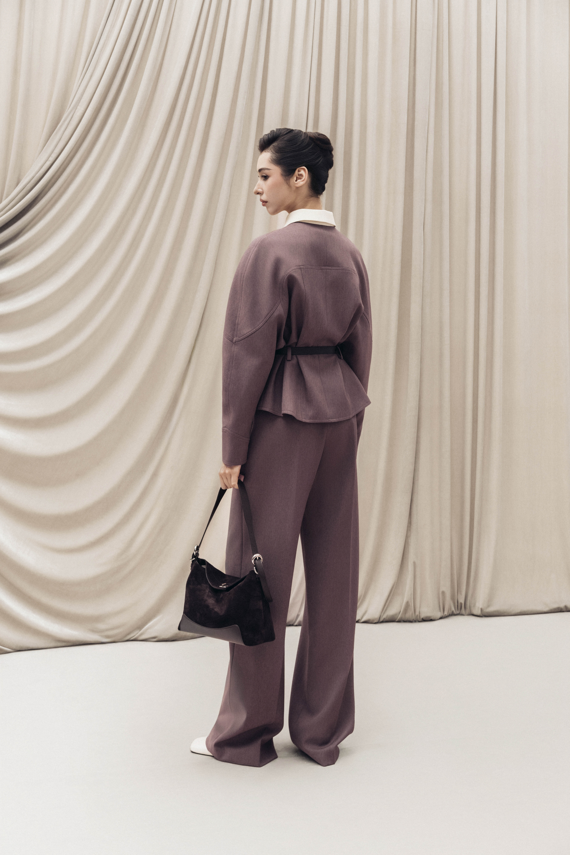 Quilted Structure Short Jacket & Leg Trousers in Rose Taupe