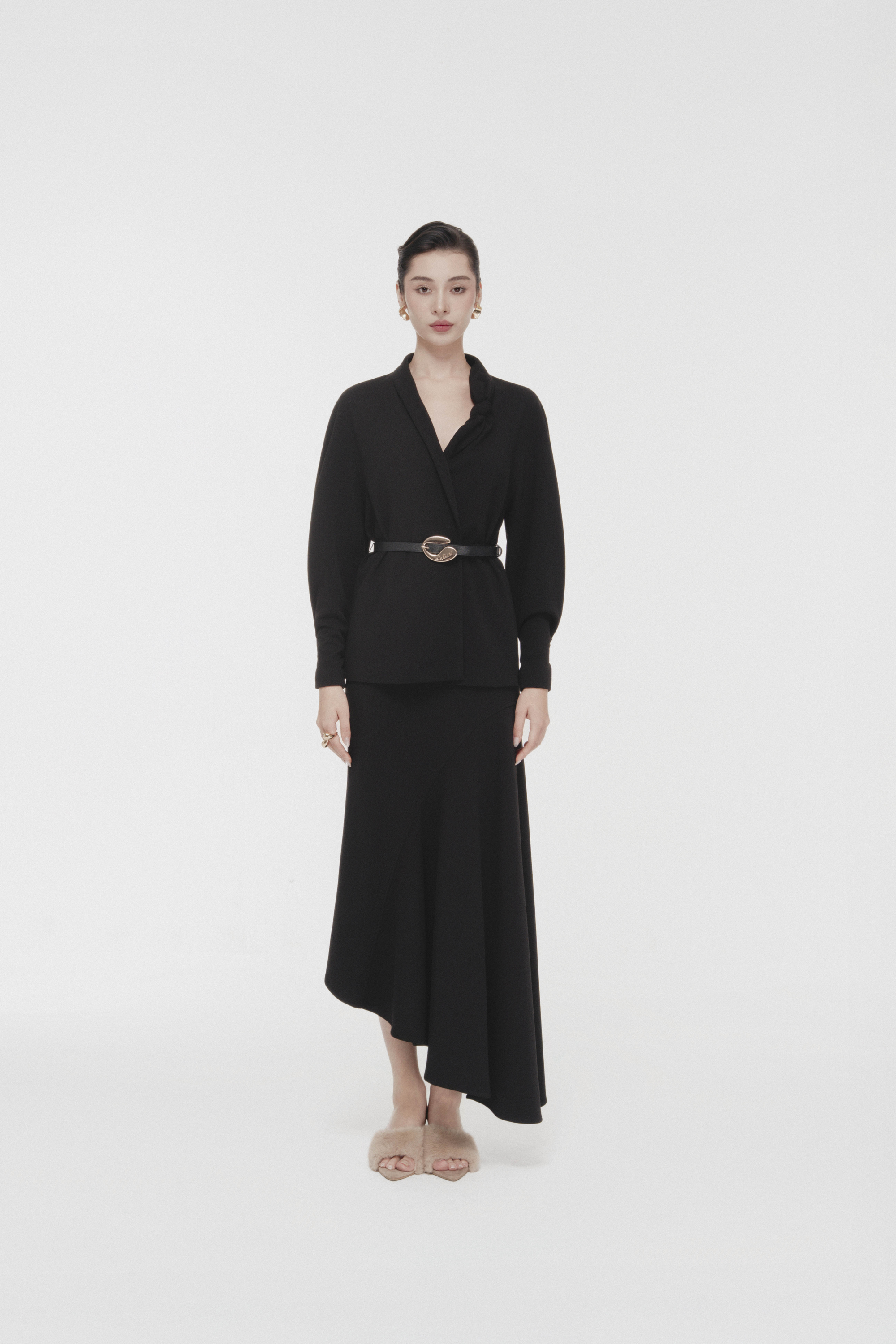 Asymmetric Bow Wrap Coat & Cut Midi Skirt in Black