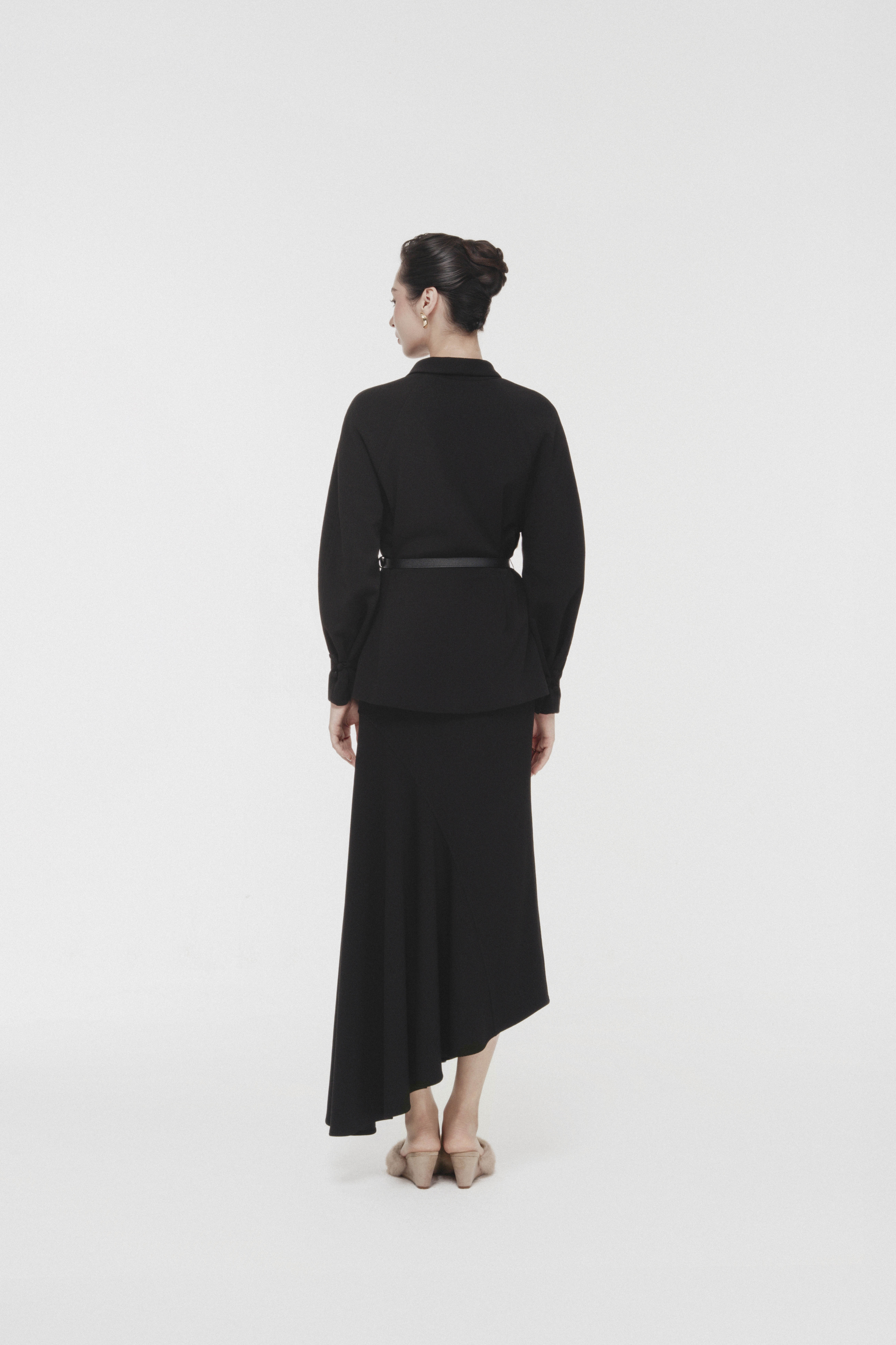 Asymmetric Bow Wrap Coat & Cut Midi Skirt in Black