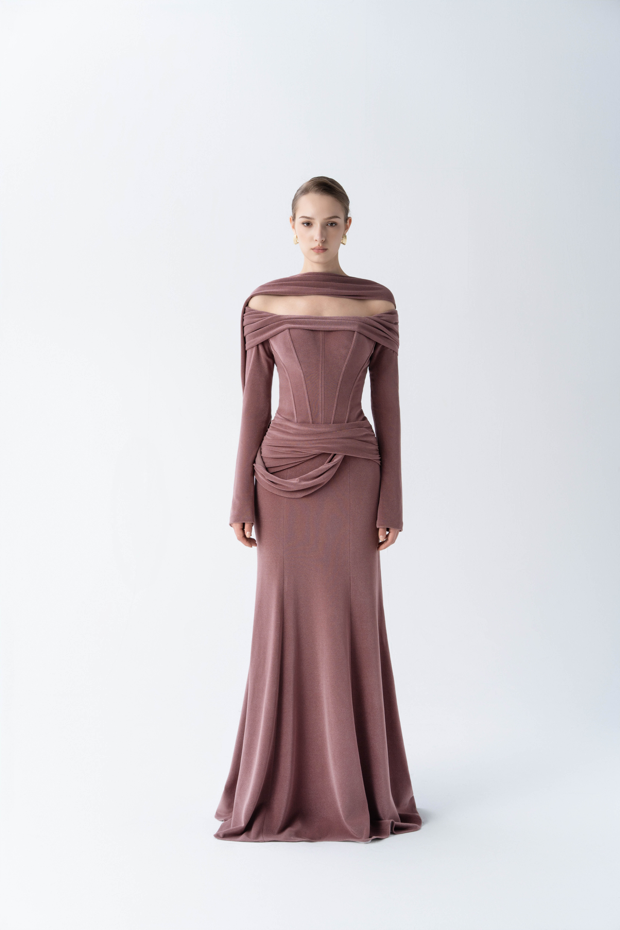Seraphine Corset Gown - Off-Shoulder Fishtail Draped Scarf Seraphine Corset Gown - Off-Shoulder Fishtail Draped Scarf