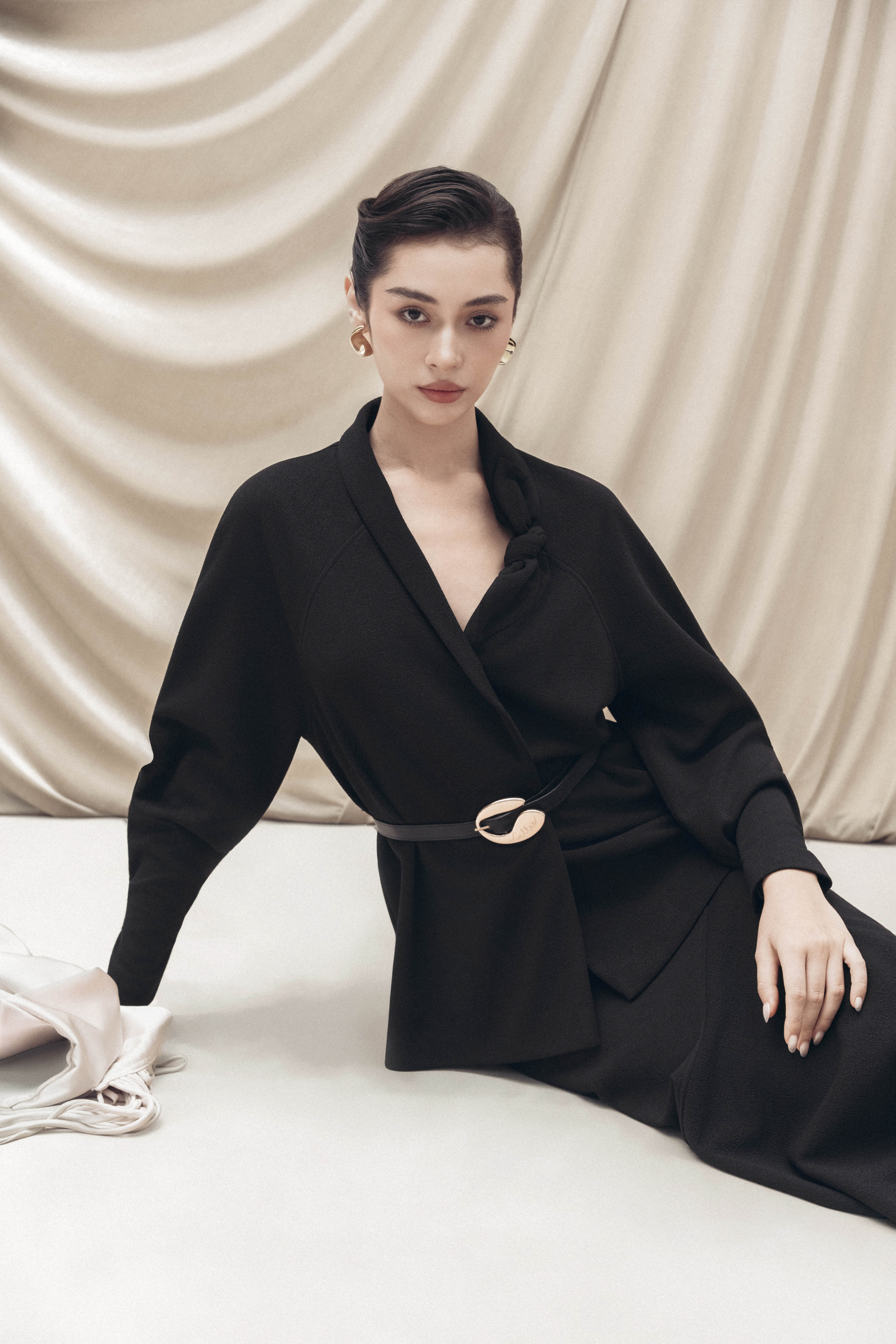 Asymmetric Bow Wrap Coat & Cut Midi Skirt in Black