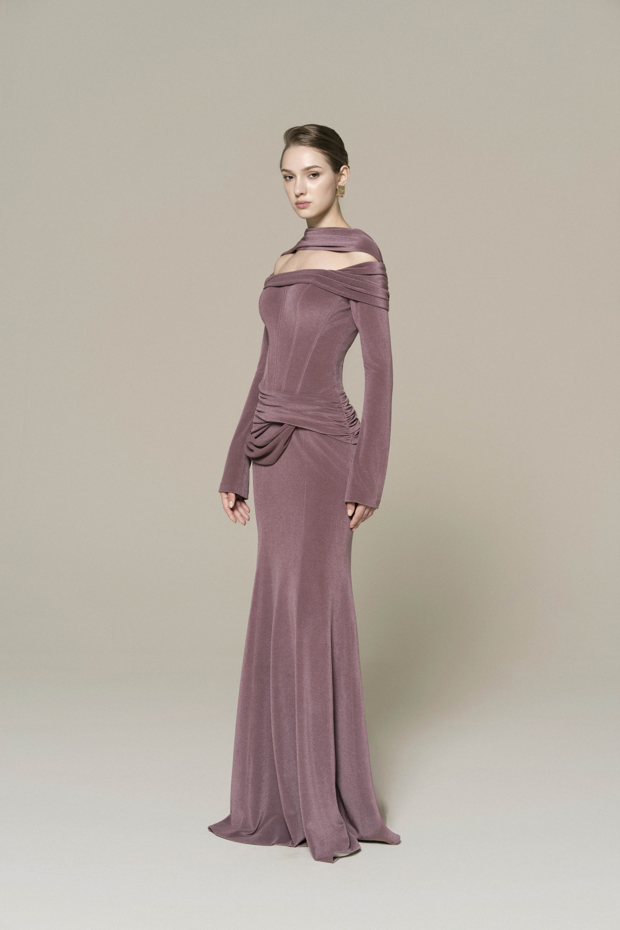 Seraphine Corset Gown - Off-Shoulder Fishtail Draped Scarf Seraphine Corset Gown - Off-Shoulder Fishtail Draped Scarf