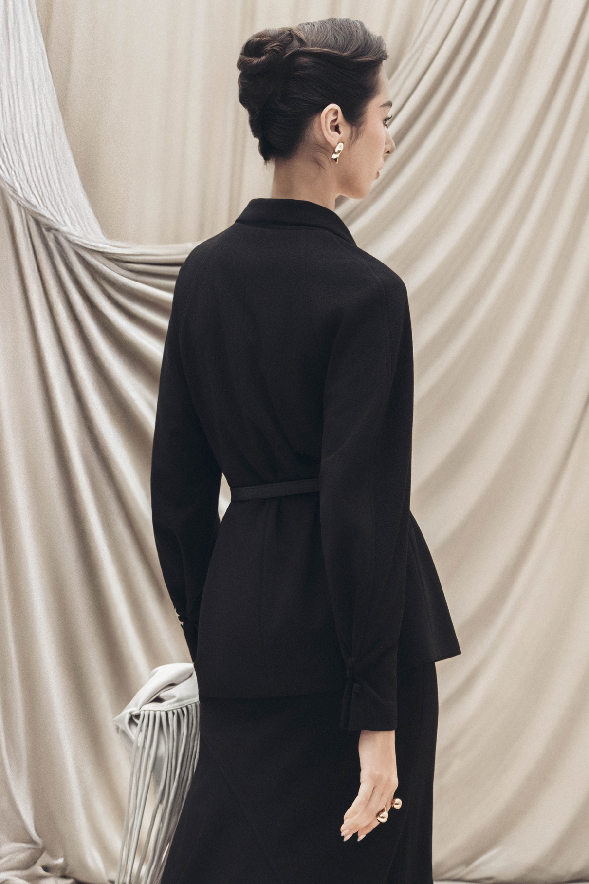 Asymmetric Bow Wrap Coat in Black