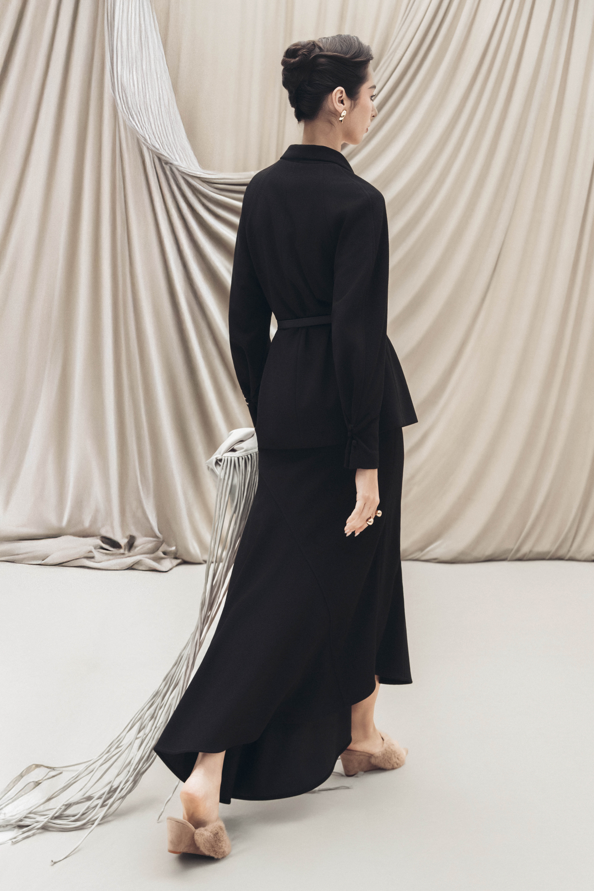 Asymmetric Bow Wrap Coat & Cut Midi Skirt in Black