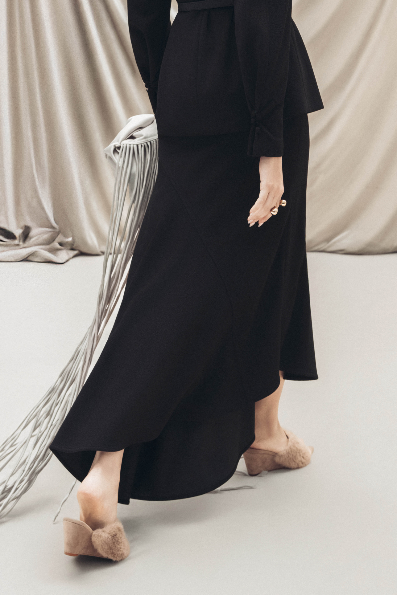 Fluid Bias-Cut Midi Skirt in Black