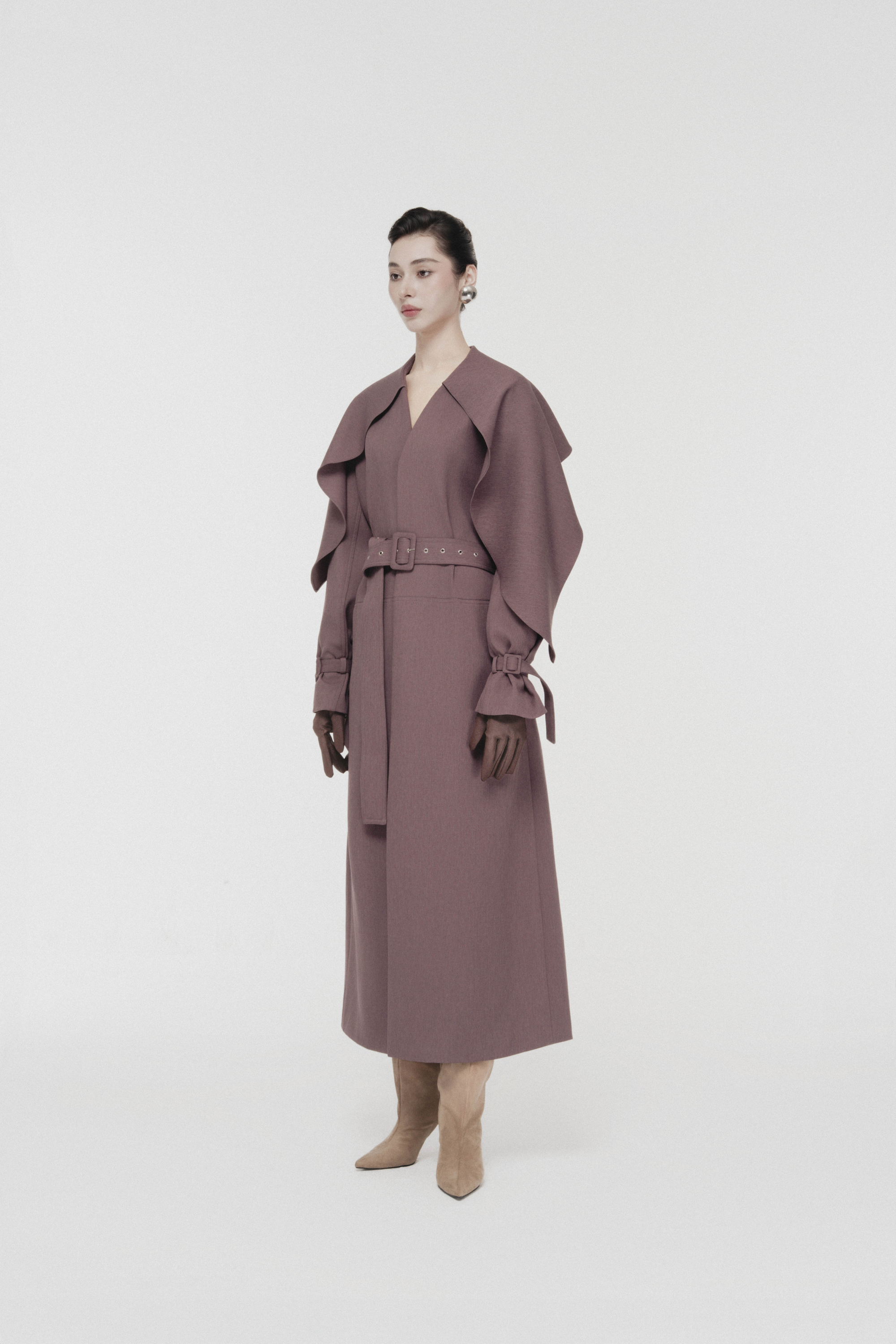 Cape-Collar Structured Trench Coat in Rose Taupe