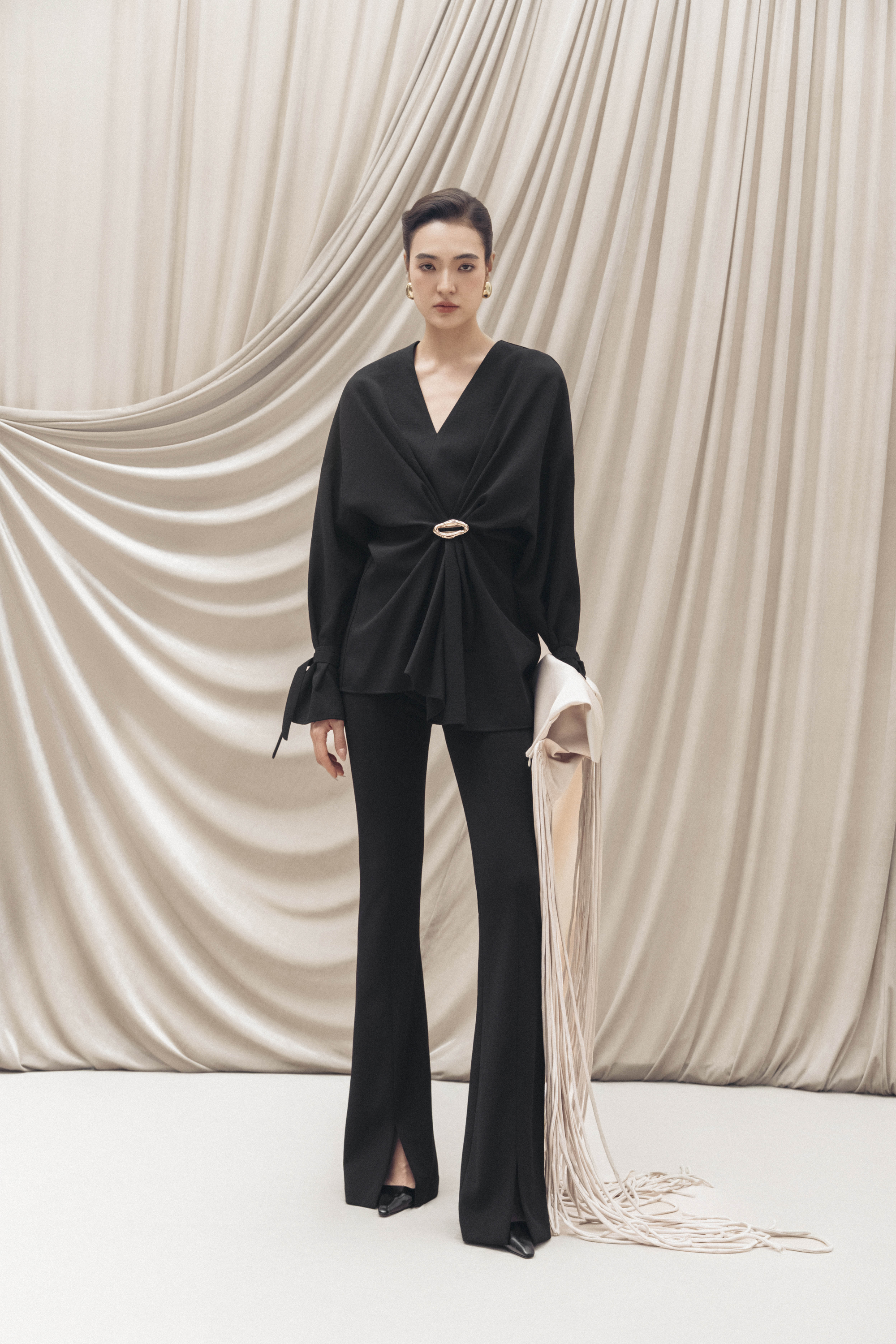 Ring-Gathered Draped Top & Pants in Black