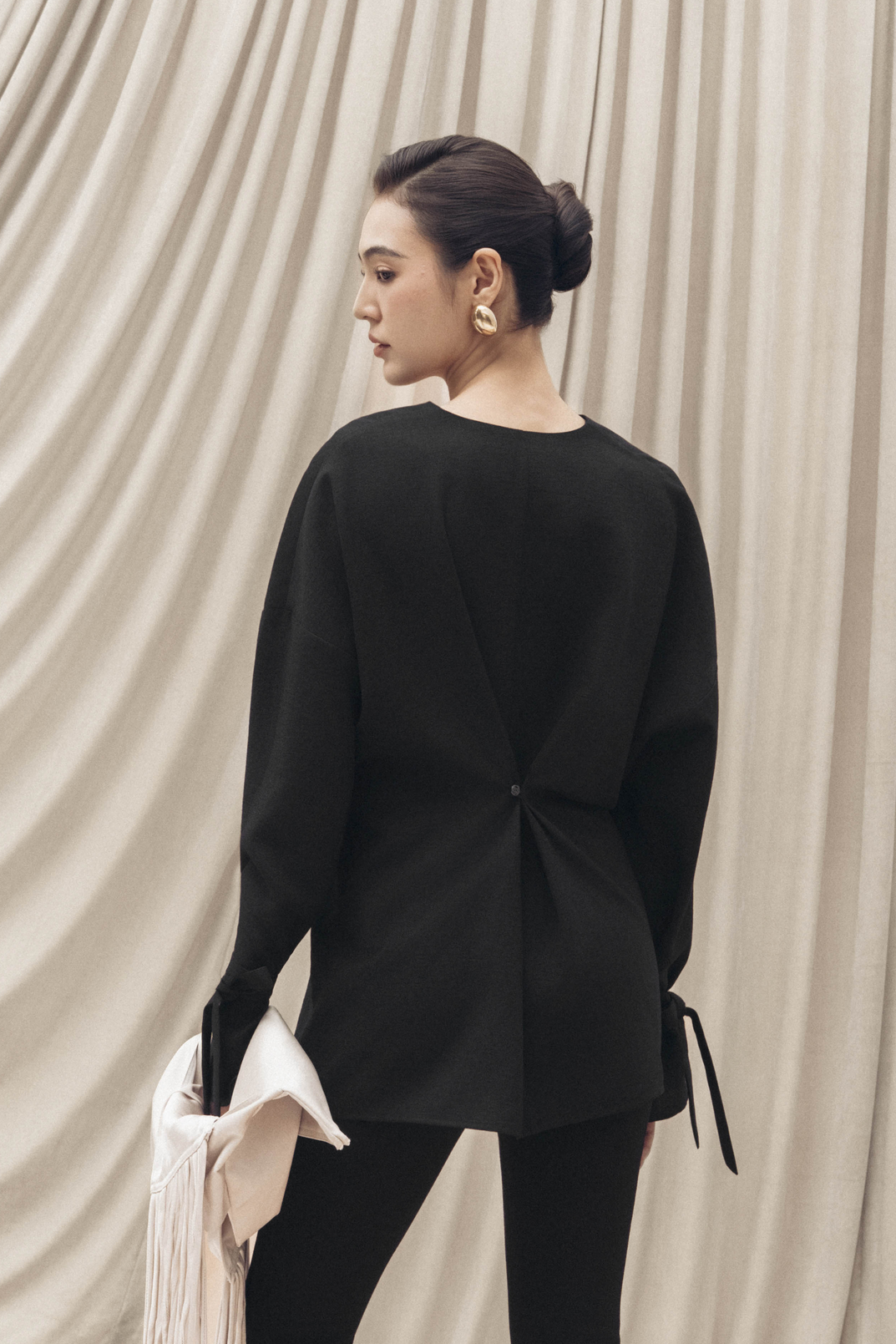 Ring-Gathered Draped Top in Black