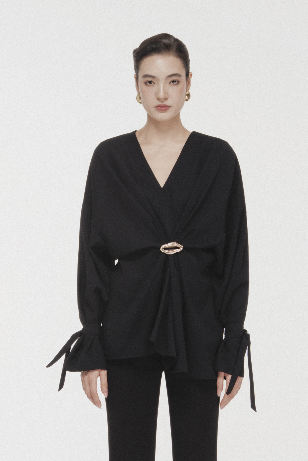 Ring-Gathered Draped Top in Black