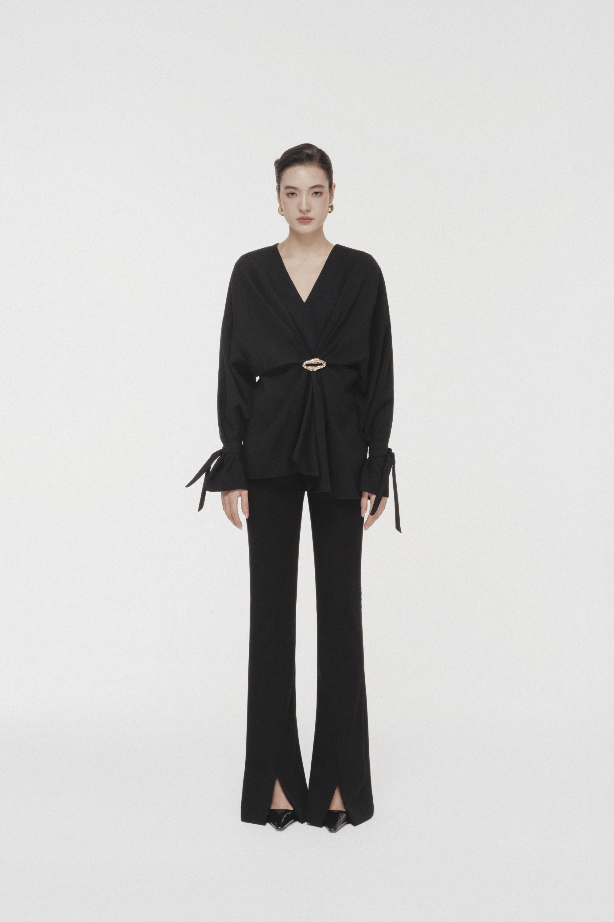 Ring-Gathered Draped Top & Pants in Black