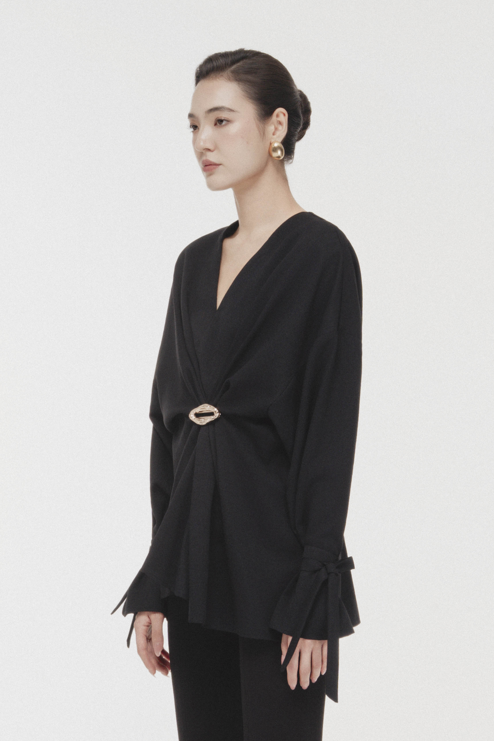 Ring-Gathered Draped Top in Black