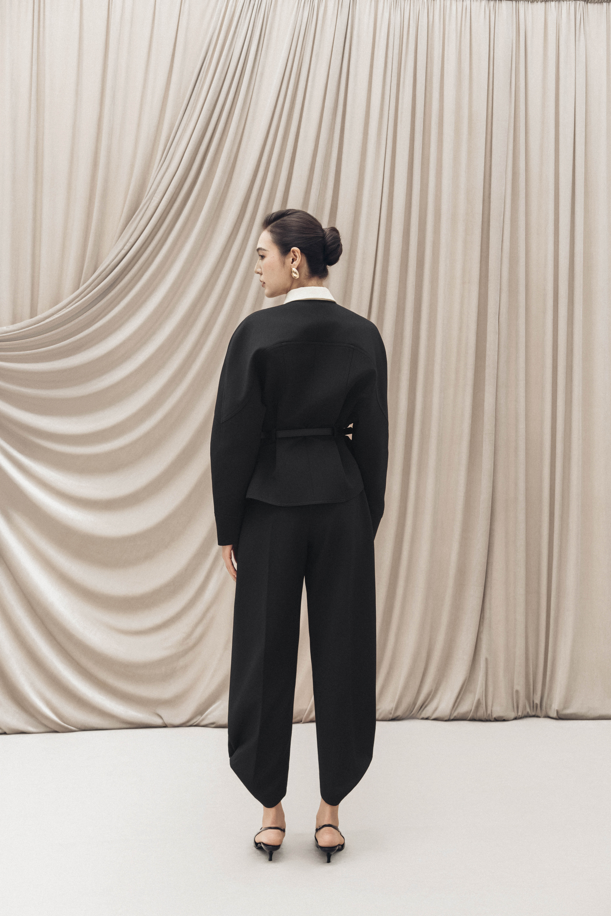 Quilted Structure Short Jacket & Pants in Black