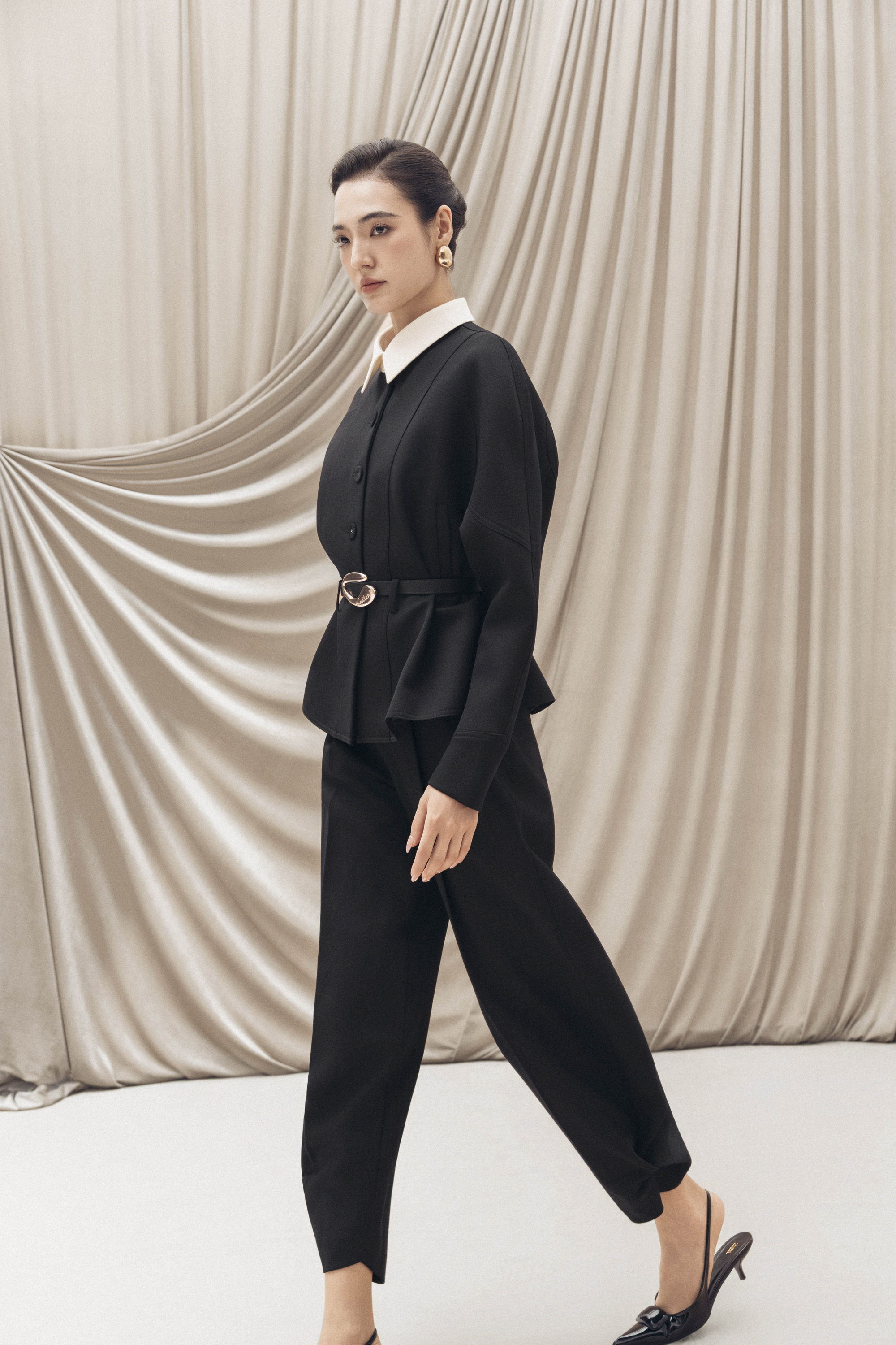 Quilted Structure Short Jacket & Pants in Black