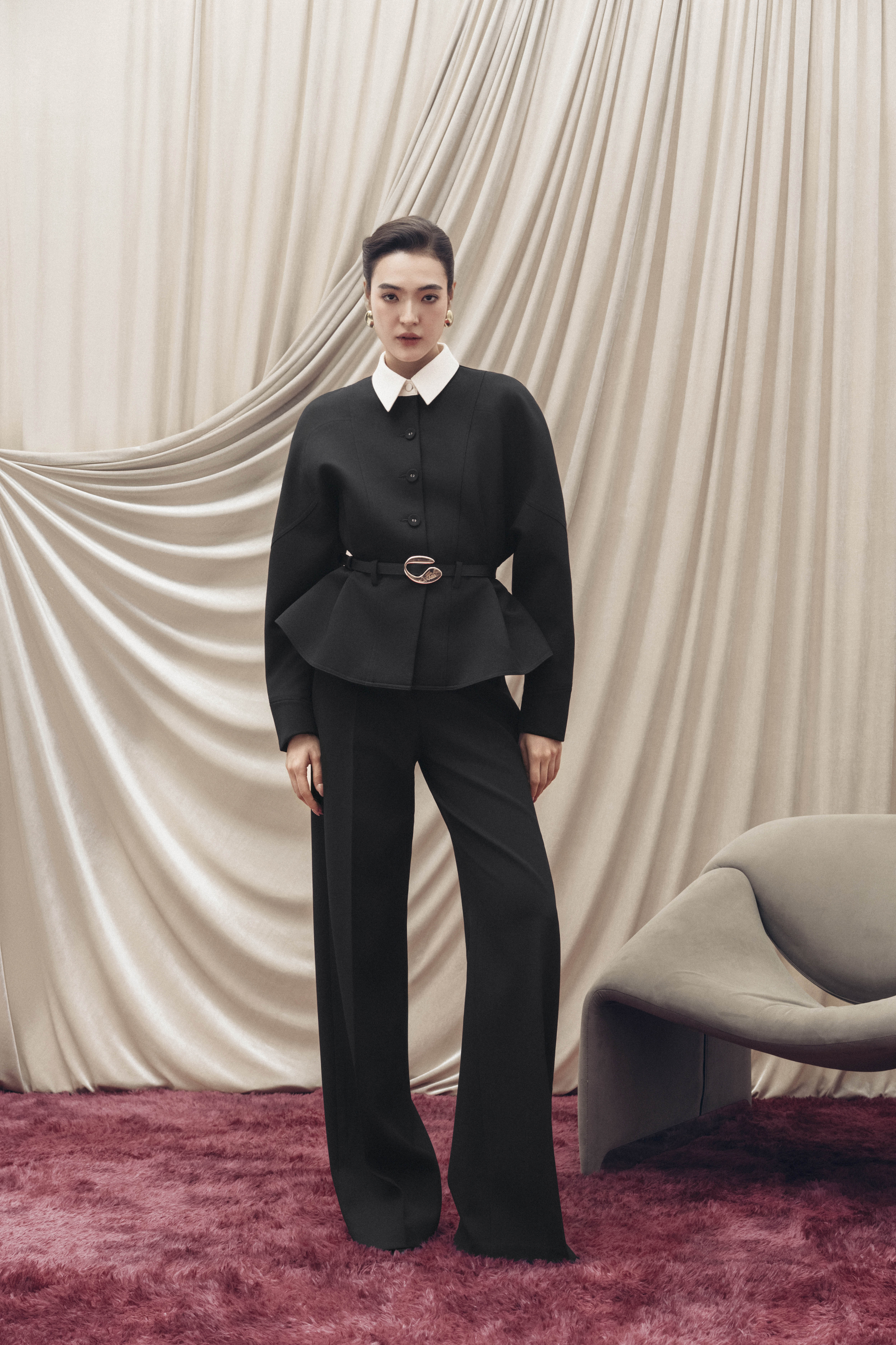 Quilted Structure Short Jacket & Leg Trousers in Black