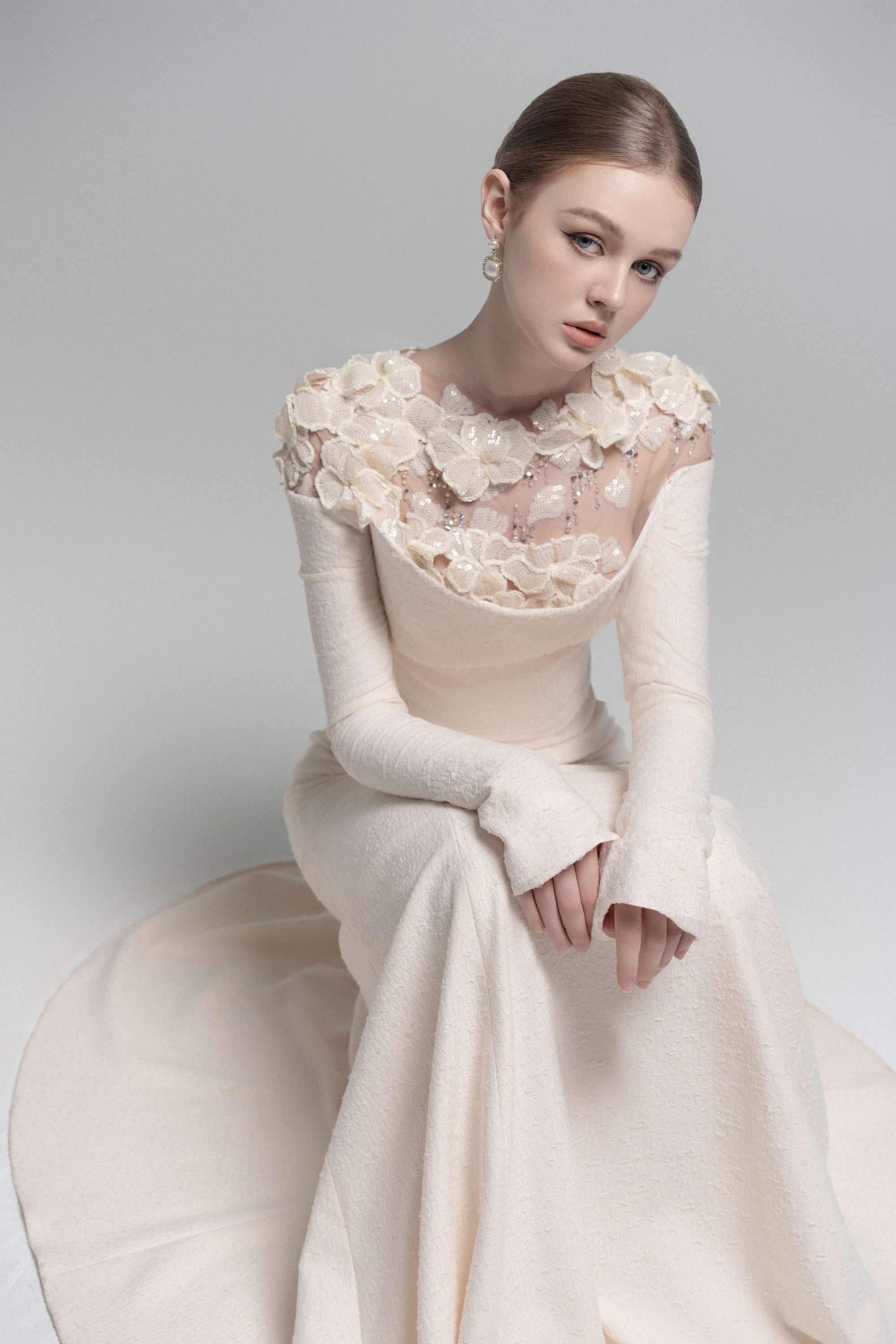 Celestia Crystal Midi Dress - Strapless Mermaid Gown with Lace Shoulders VL1018 XL - US 10 / Cream Celestia Crystal Midi Dress - Strapless Mermaid Gown with Lace Shoulders VL1018 XL - US 10 / Cream
