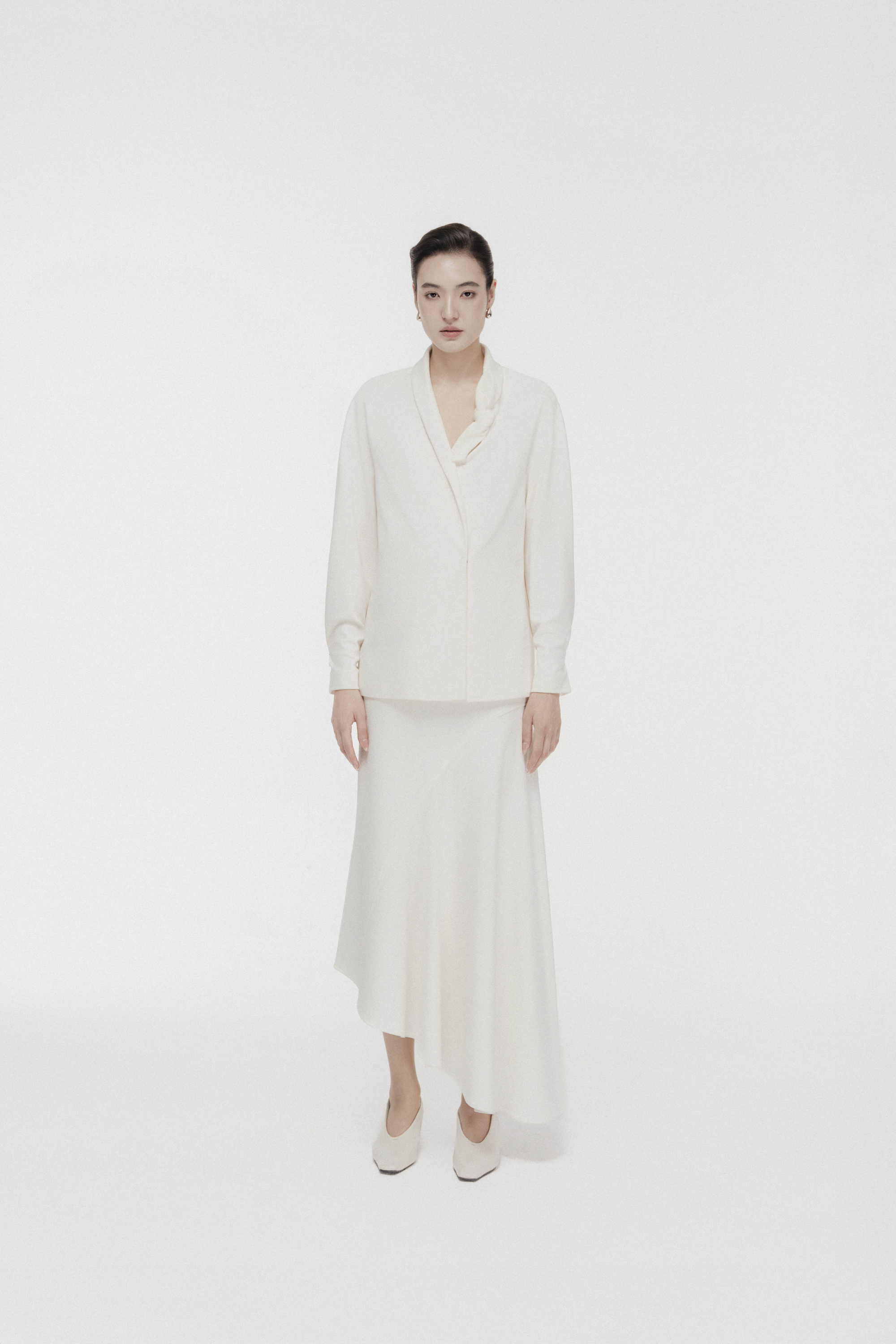 Asymmetric Bow Wrap Coat & Cut Midi Skirt in Cream