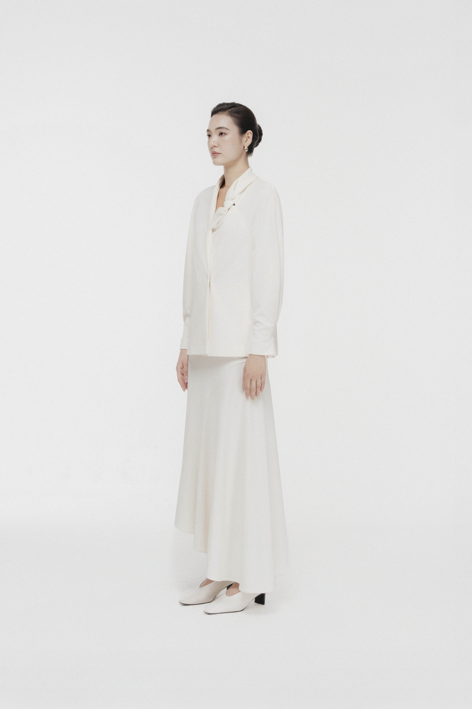 Asymmetric Bow Wrap Coat & Cut Midi Skirt in Cream