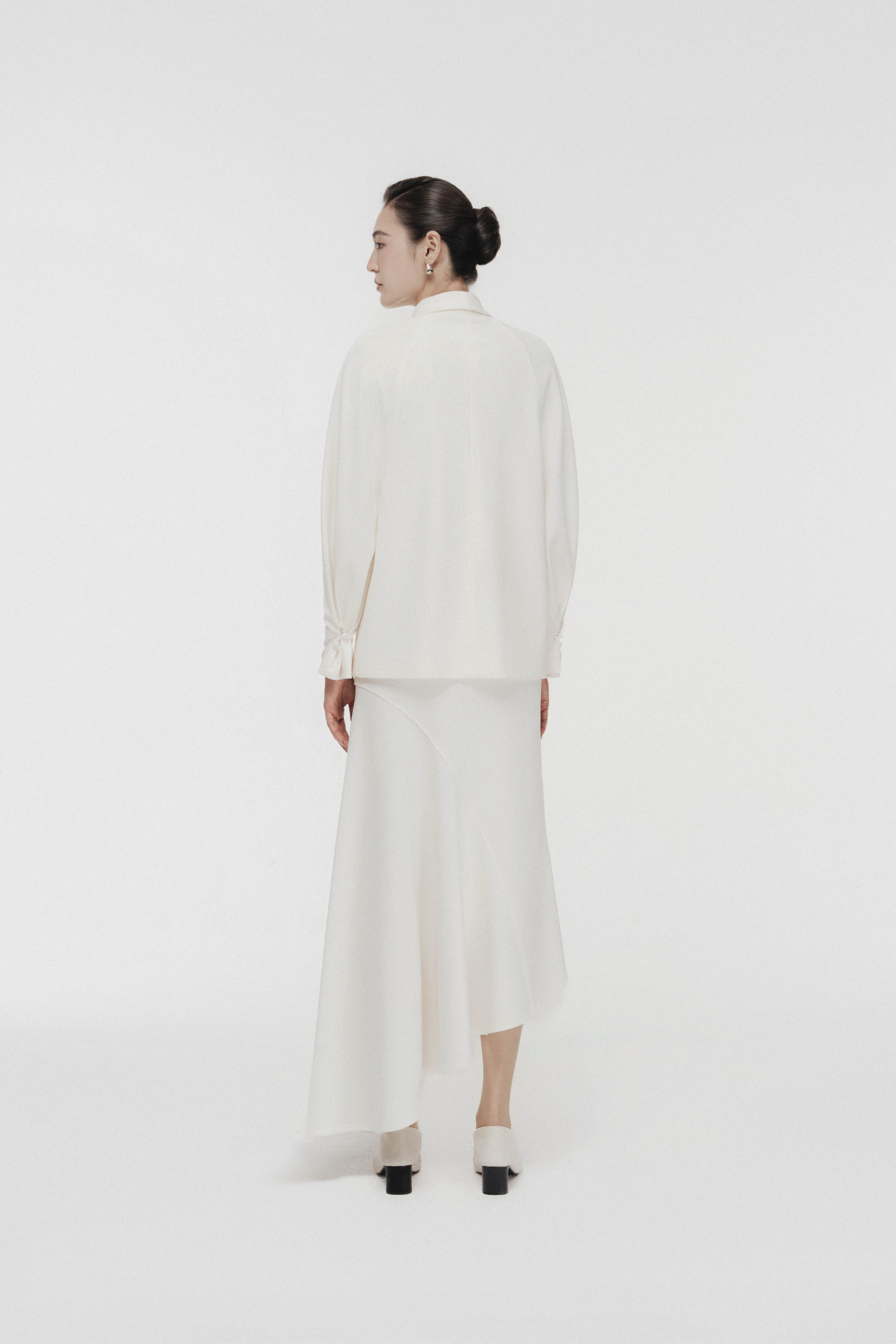 Asymmetric Bow Wrap Coat & Cut Midi Skirt in Cream