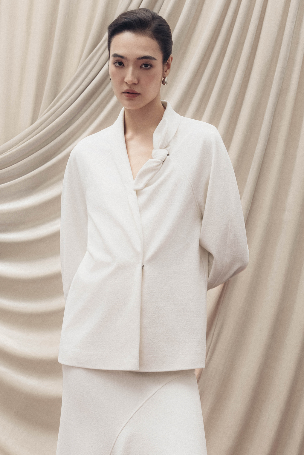 Asymmetric Bow Wrap Coat in Cream