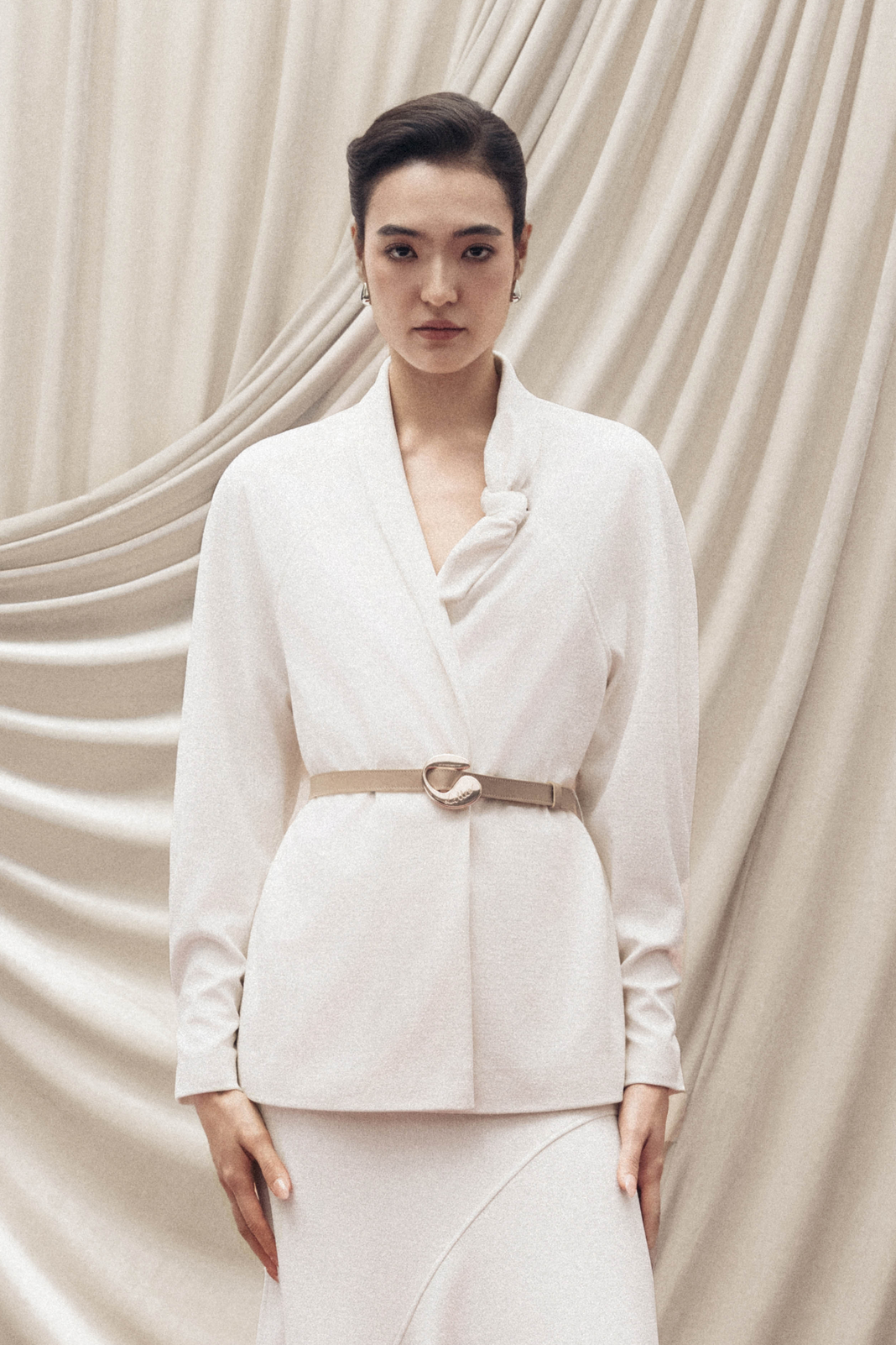 Asymmetric Bow Wrap Coat in Cream