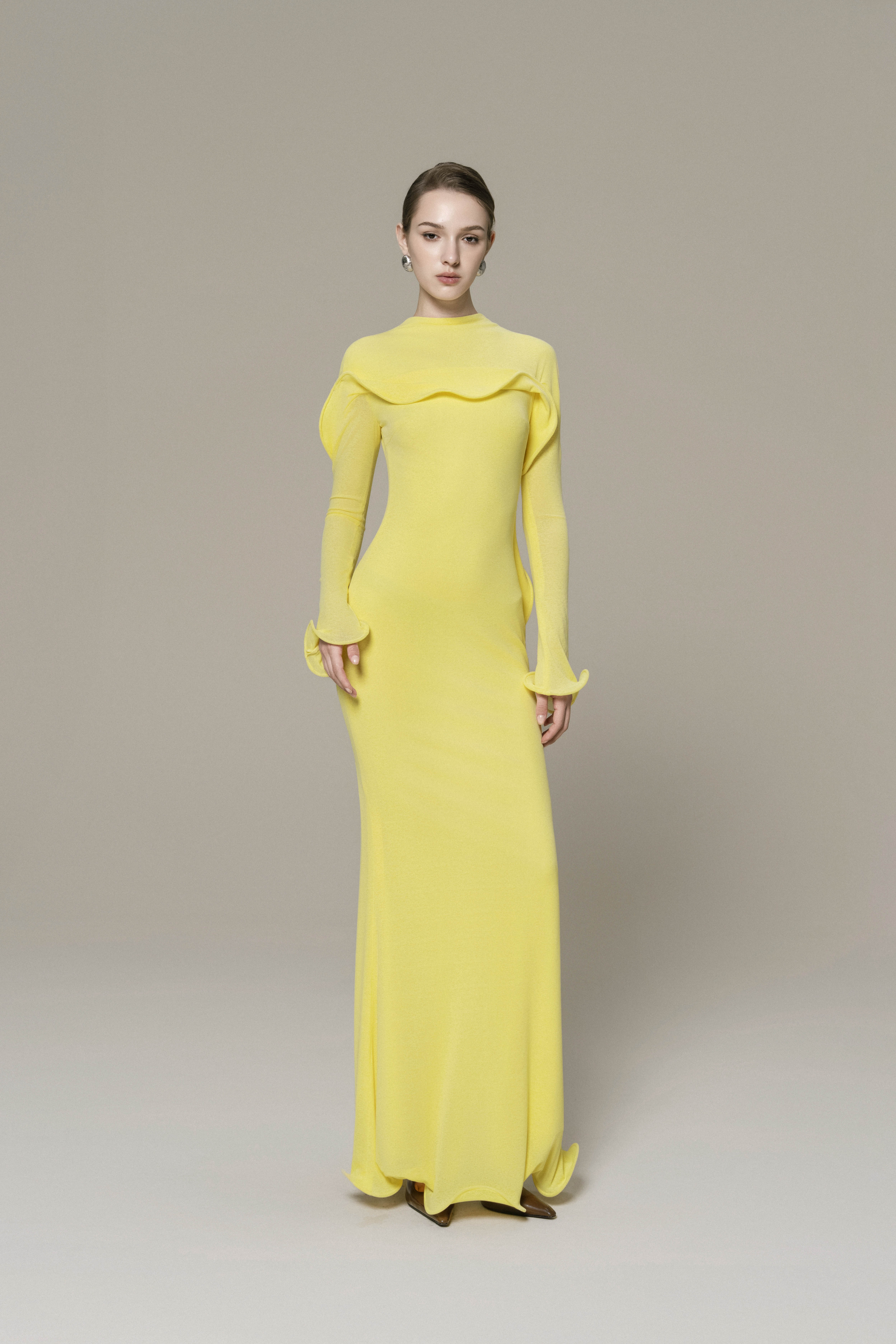 Cascade Ruffle Midi Dress - Mermaid Gown High Neckline Cascade Ruffle Midi Dress - Mermaid Gown High Neckline