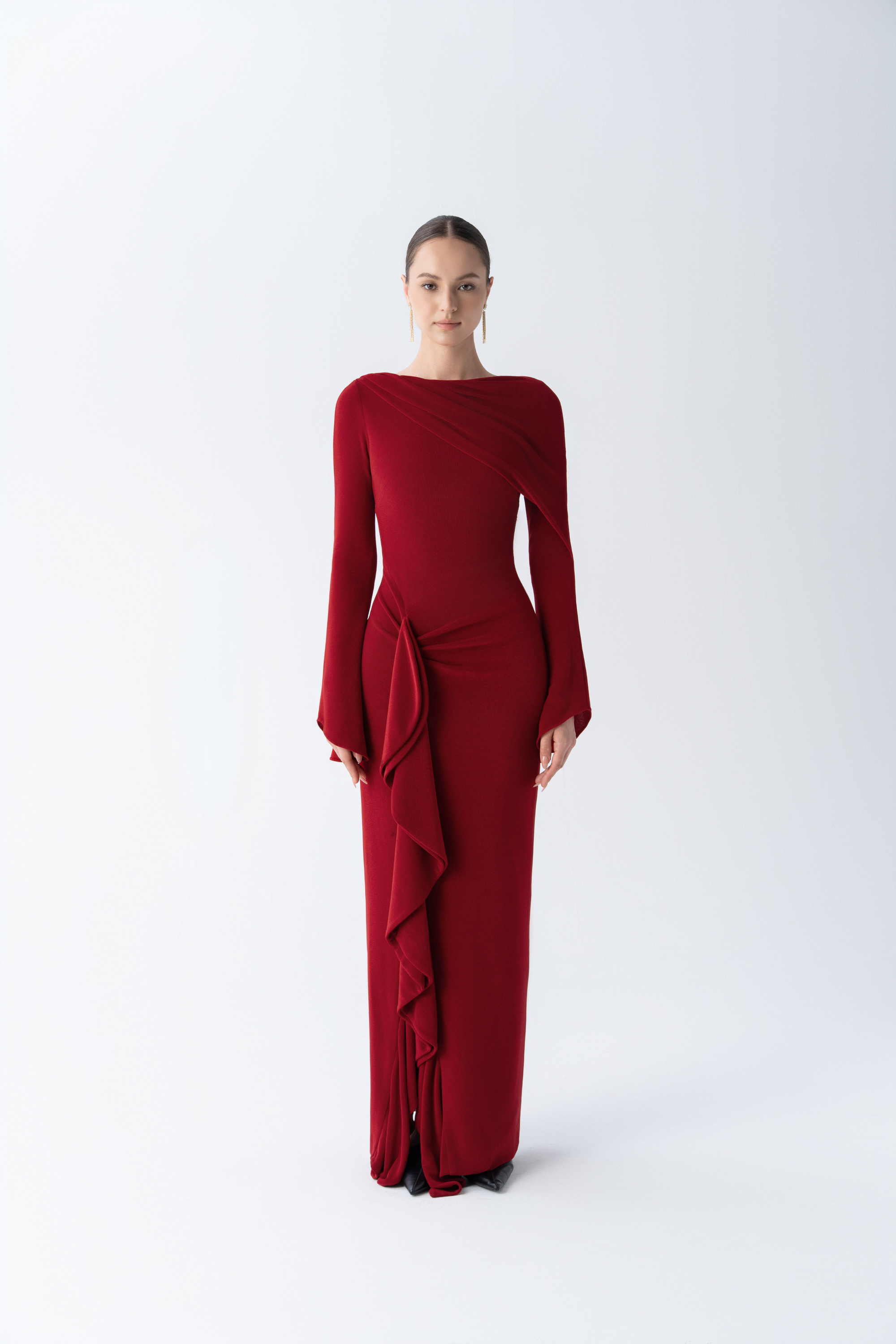 Starlit Ruffle Gown | Asymmetric Neckline Pencil Dress