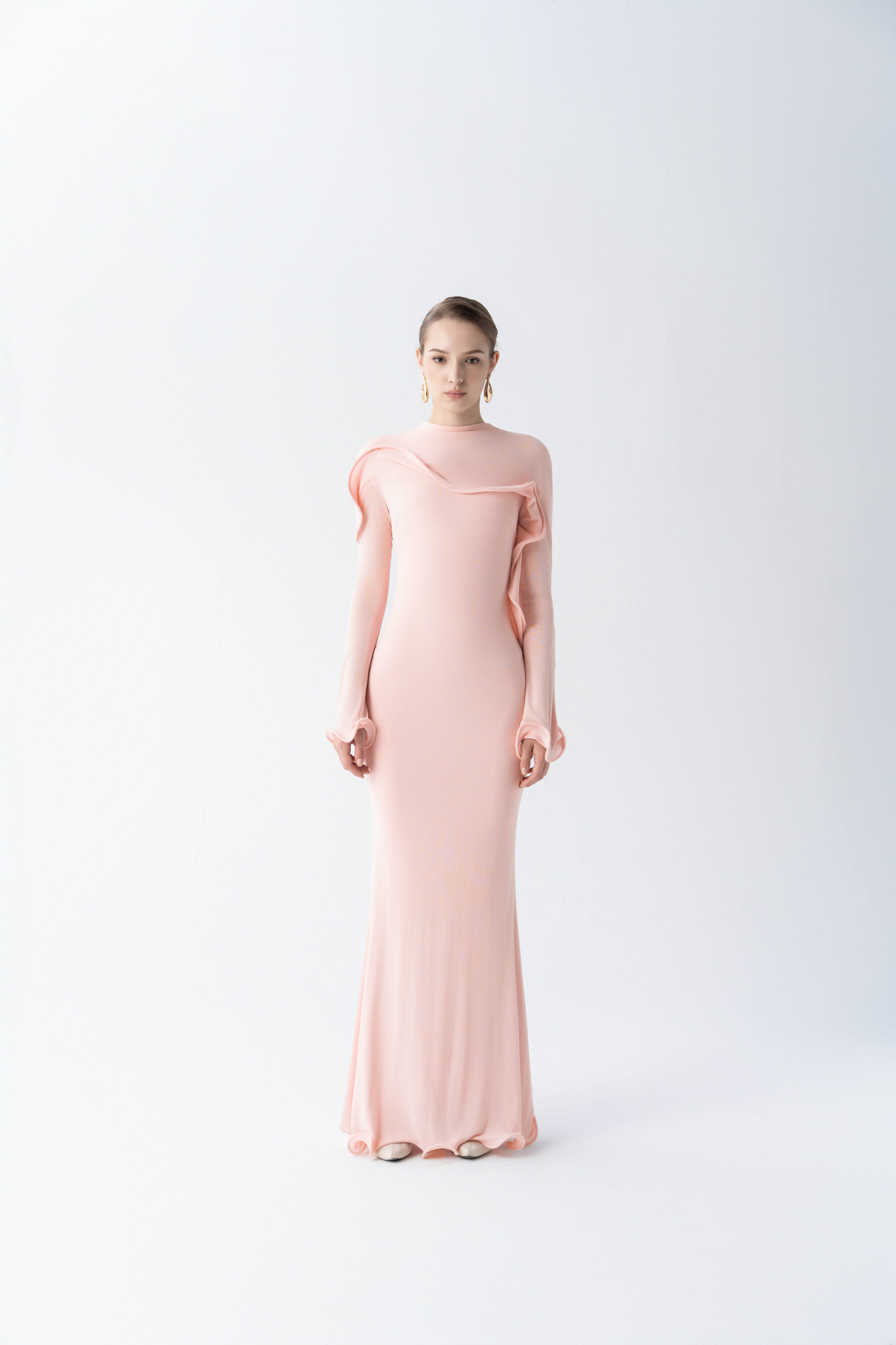 Cascade Ruffle Midi Dress | High-Neck Mermaid Gown L