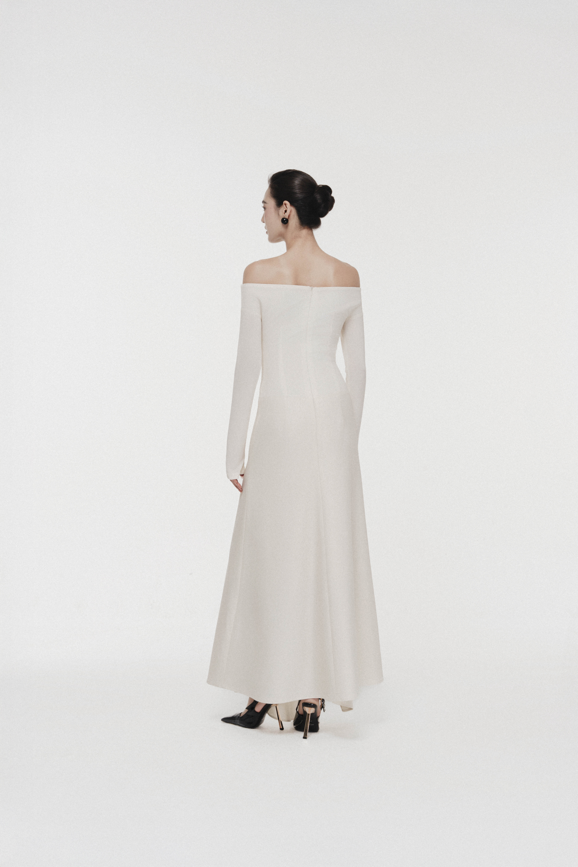 Asymmetric Off-Shoulder A-Line Midi | Cream Evening Dress Asymmetric Off-Shoulder A-Line Midi | Cream Evening Dress