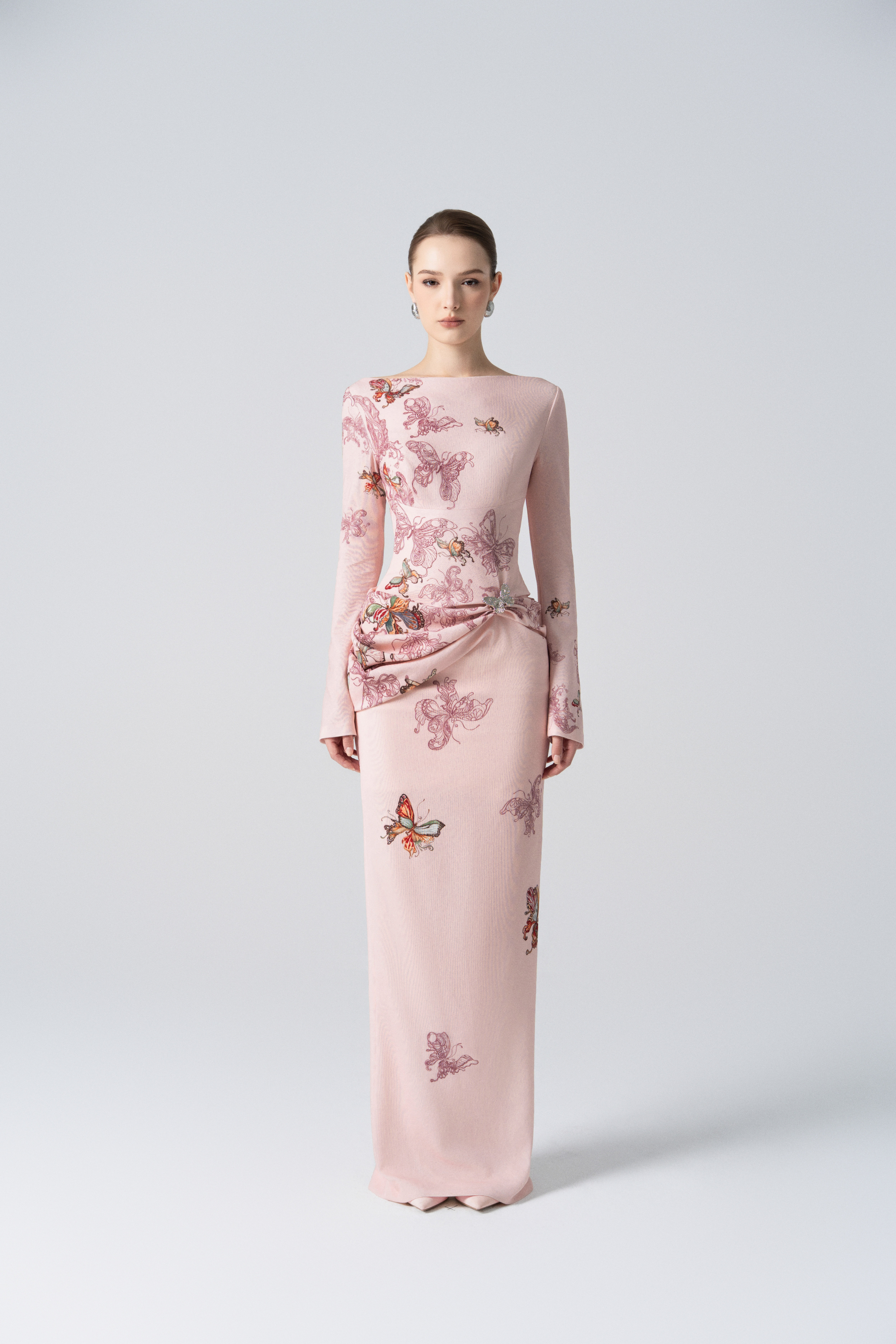 Butterfly Veil Pencil Dress in Pale Peach