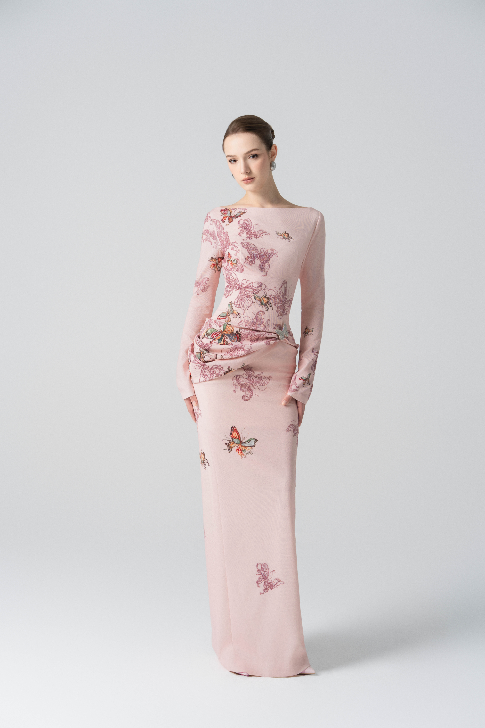 Butterfly Veil Pencil Dress in Almond Oil