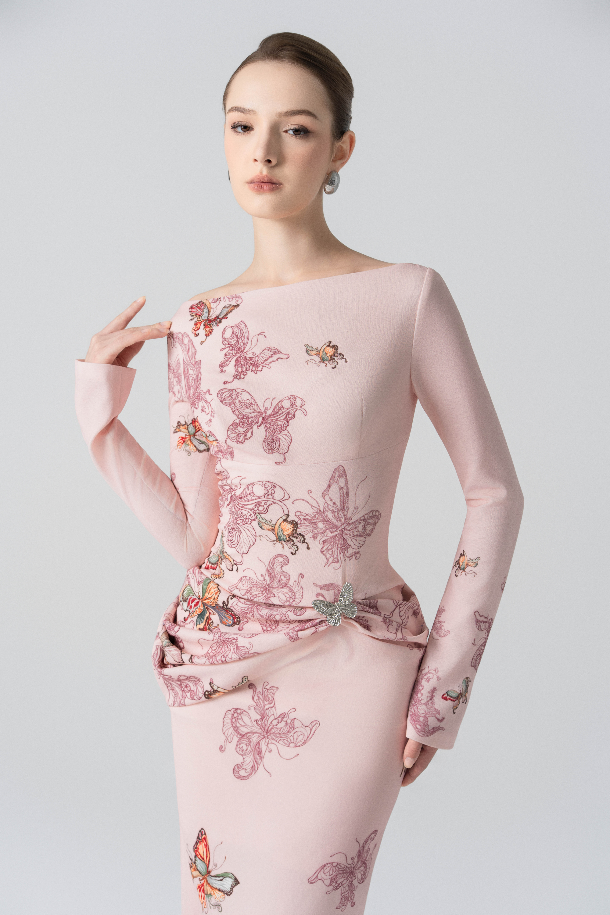 Butterfly Veil Pencil Dress in Almond Oil