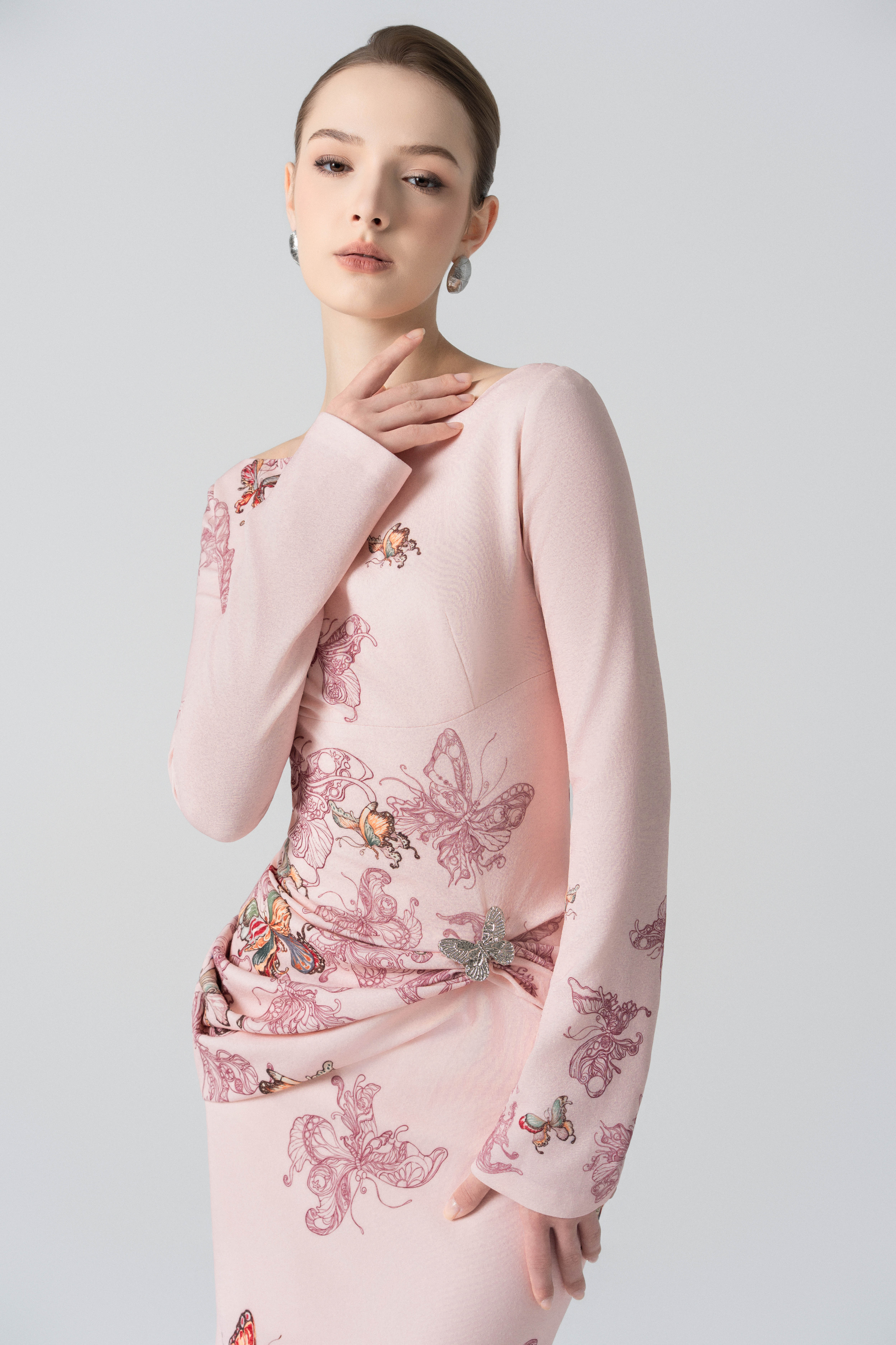 Butterfly Veil Pencil Dress in Almond Oil