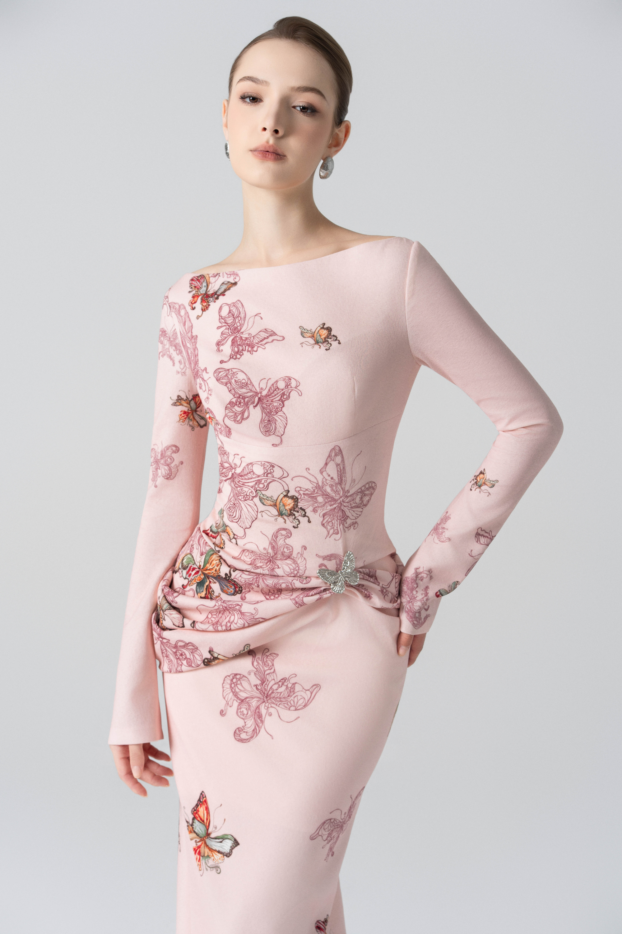 Butterfly Veil Pencil Dress in Almond Oil