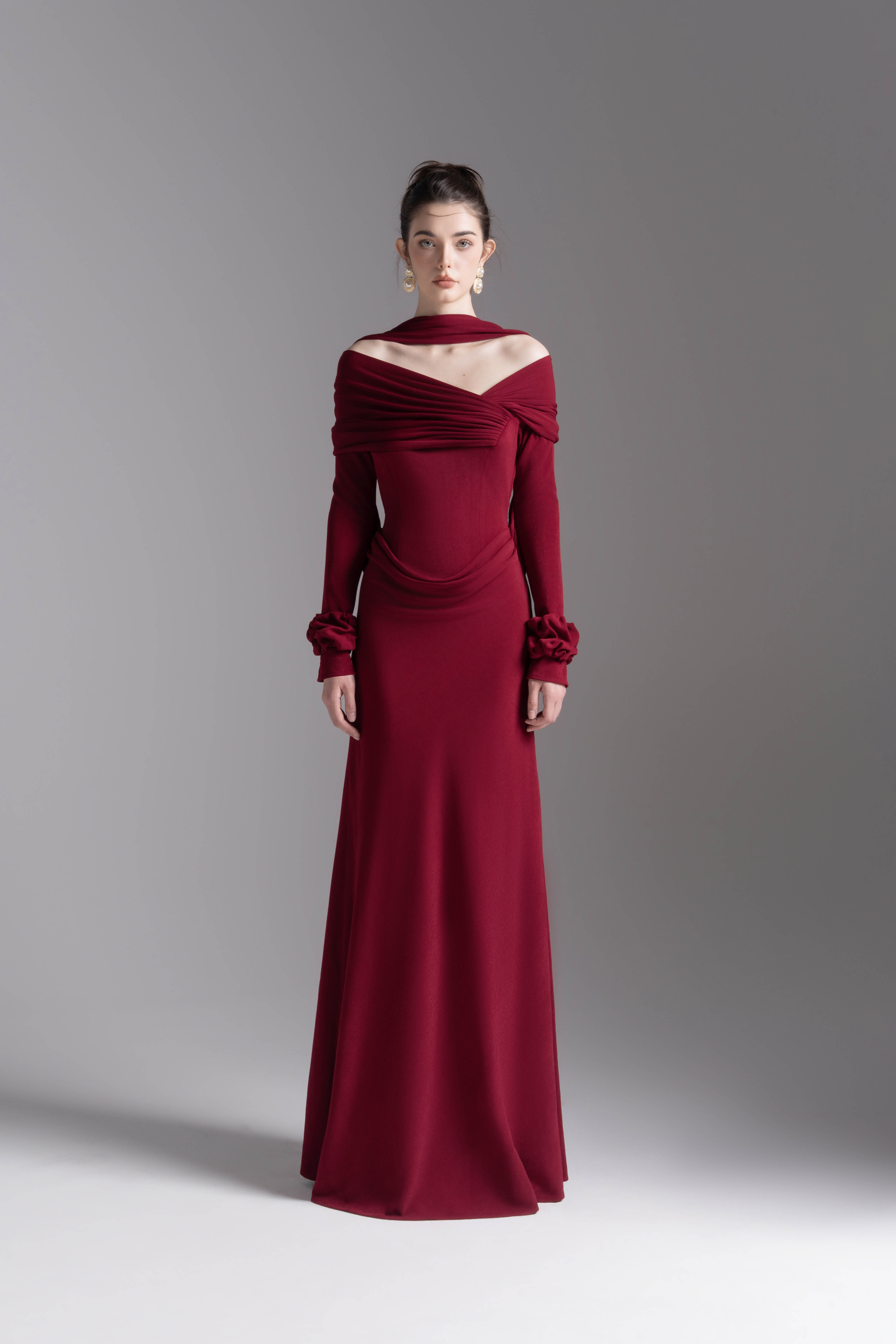 Silken Scarf Gown - Burgundy Mermaid with Draping M