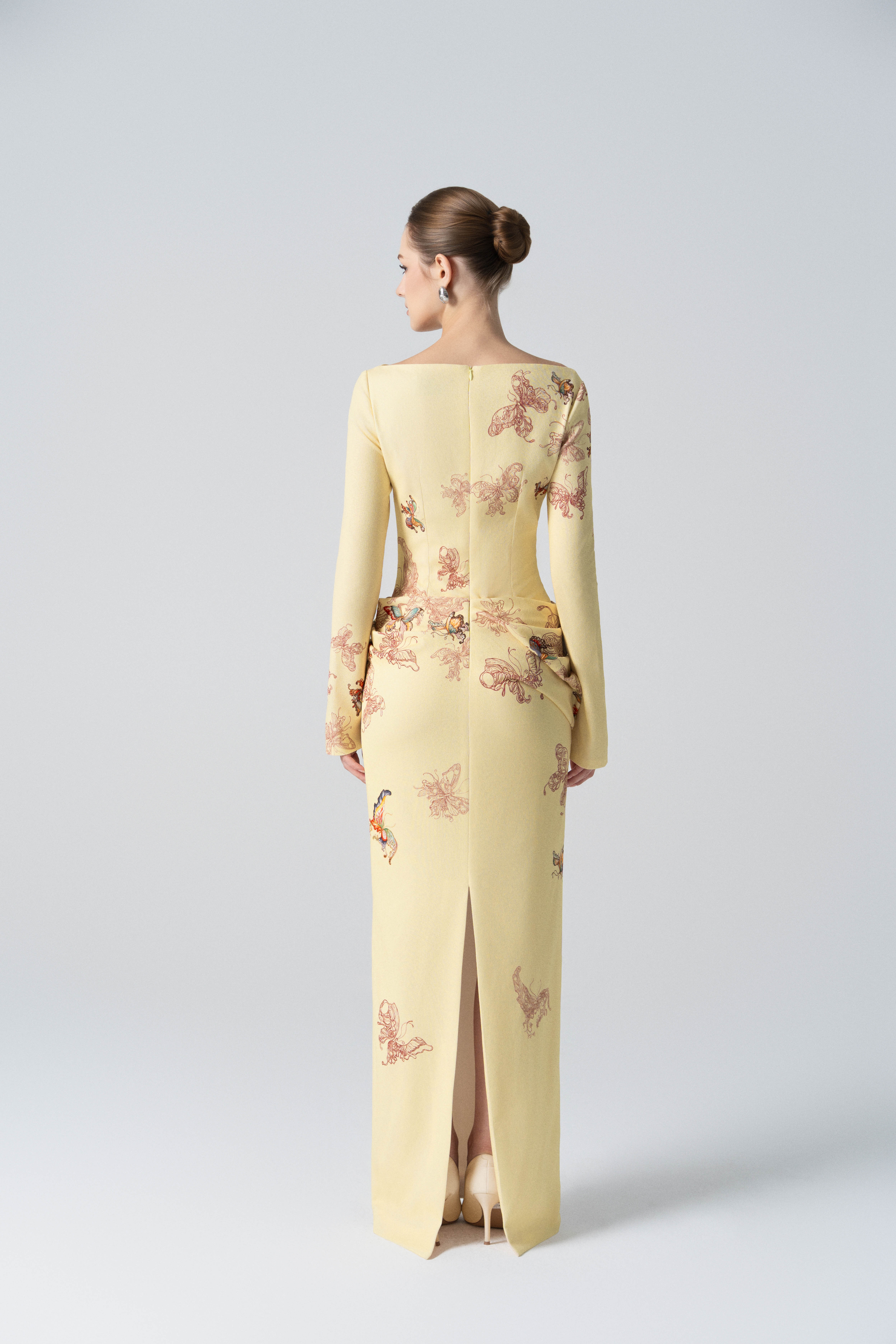 Butterfly Veil Pencil Dress in Almond Oil