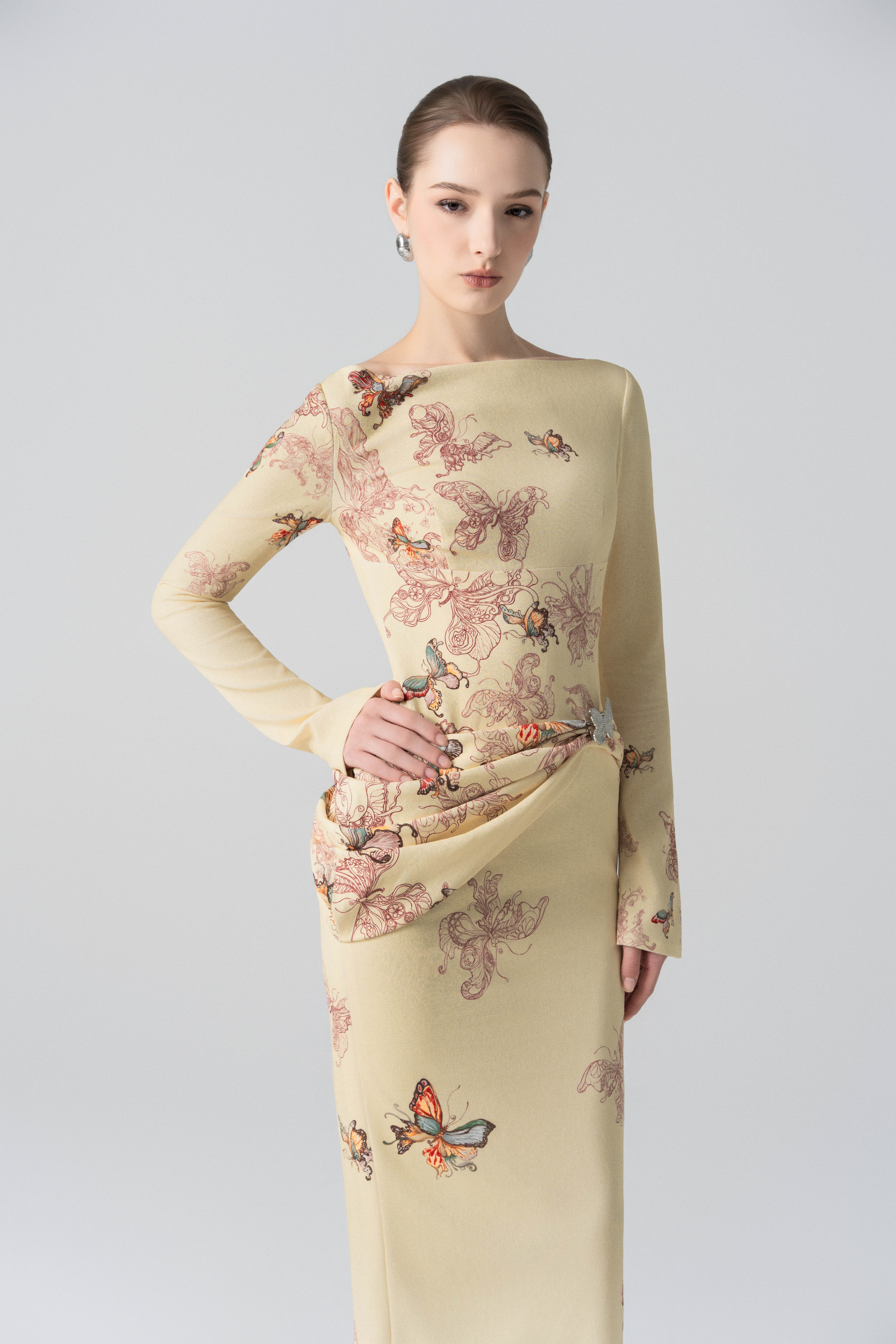 Butterfly Veil Pencil Dress in Almond Oil