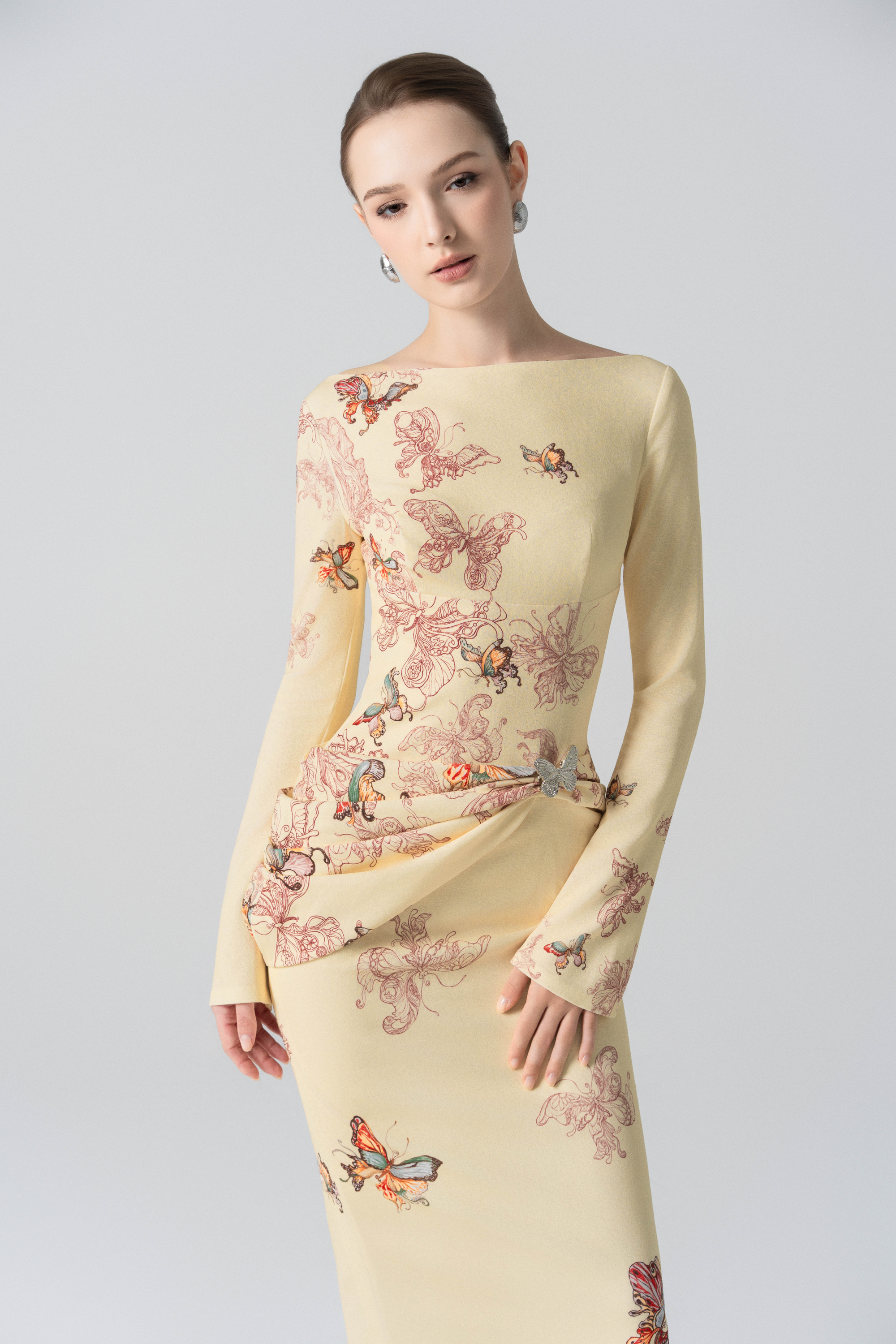 Butterfly Veil Pencil Dress in Almond Oil