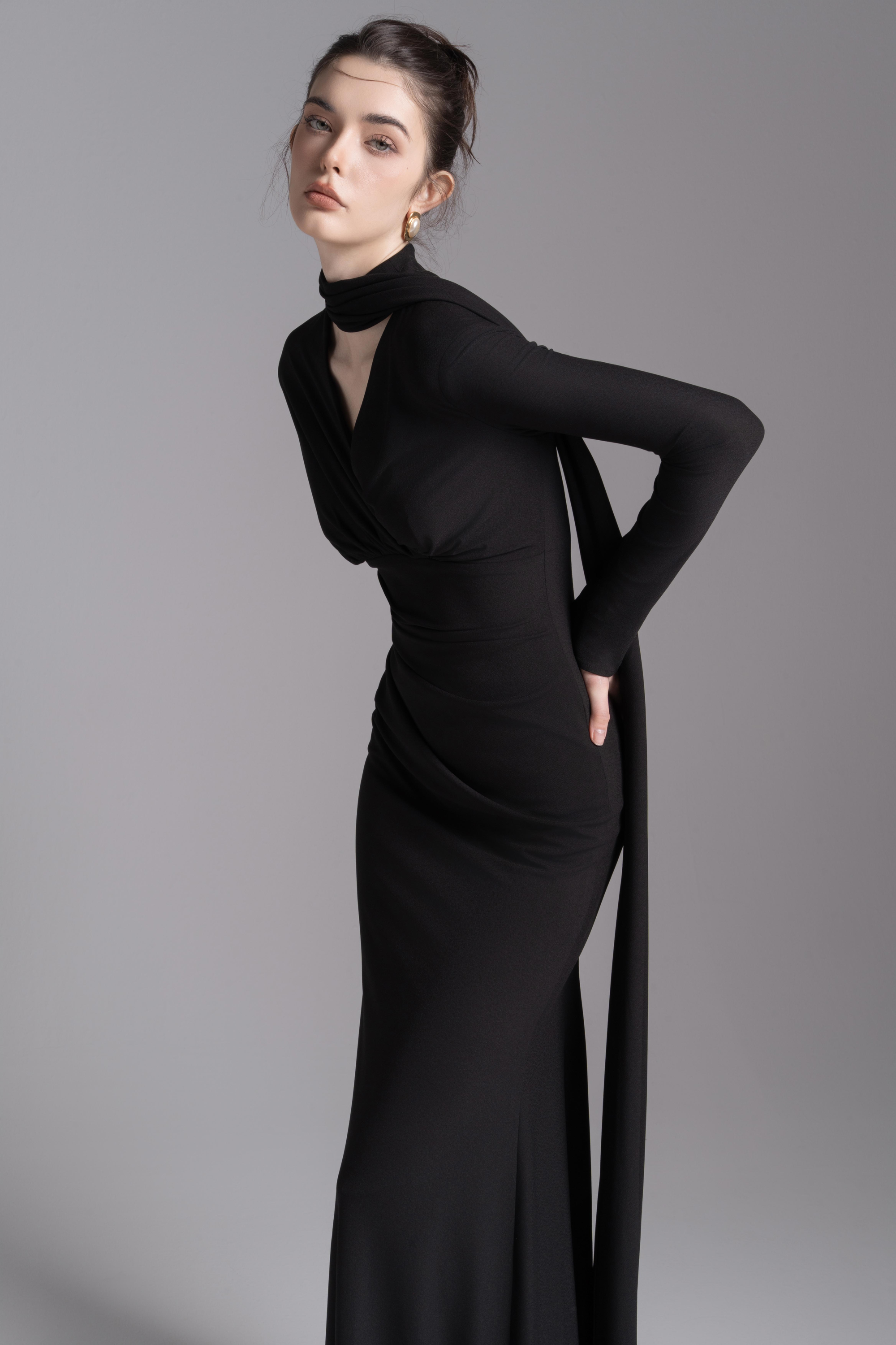 mermaid dress black and white Mermaid Dress with Crystal Motifs and Cape Sleeve – Gattinolli by Marwan