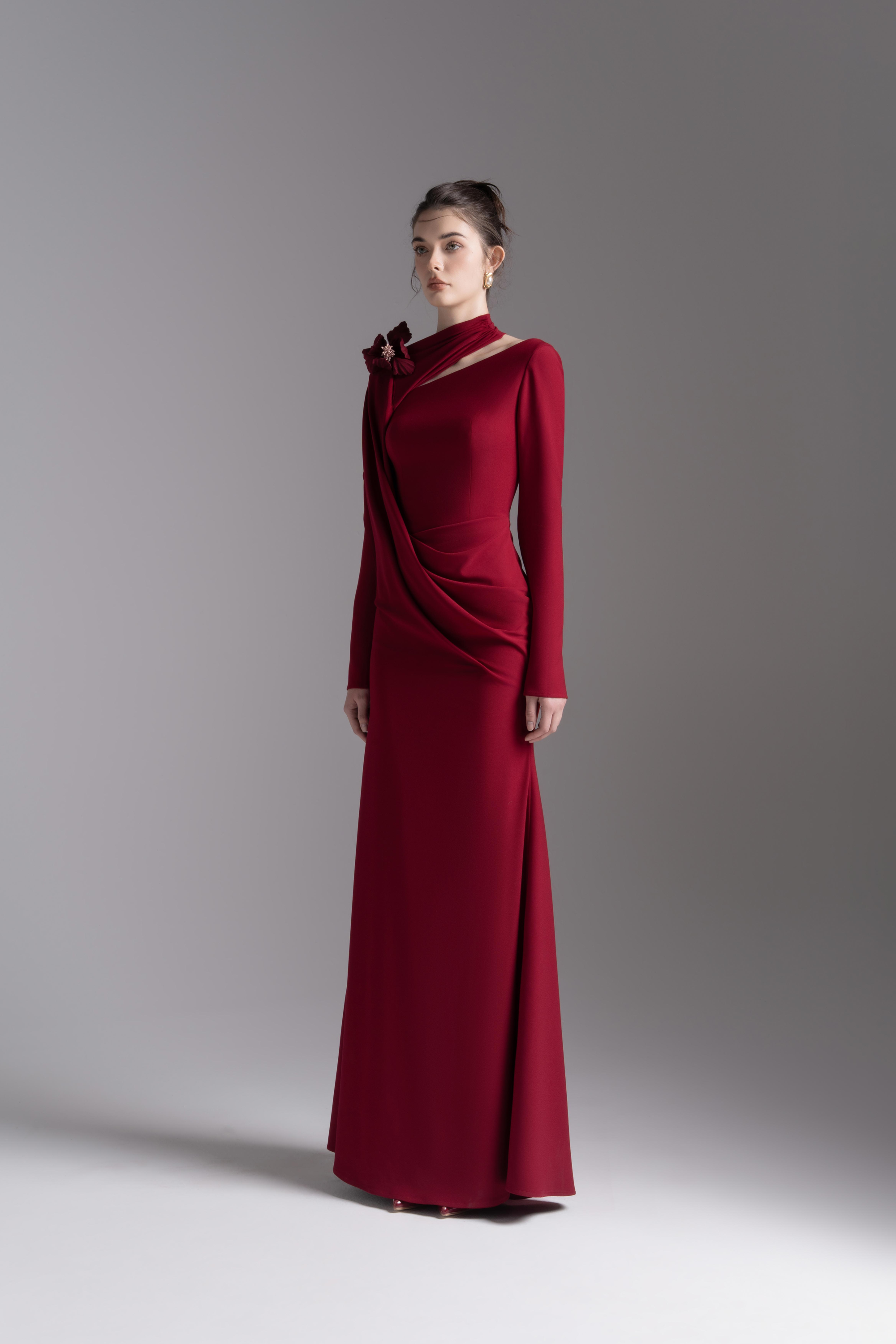Bloom Asymmetry Dress in Dark Ruby