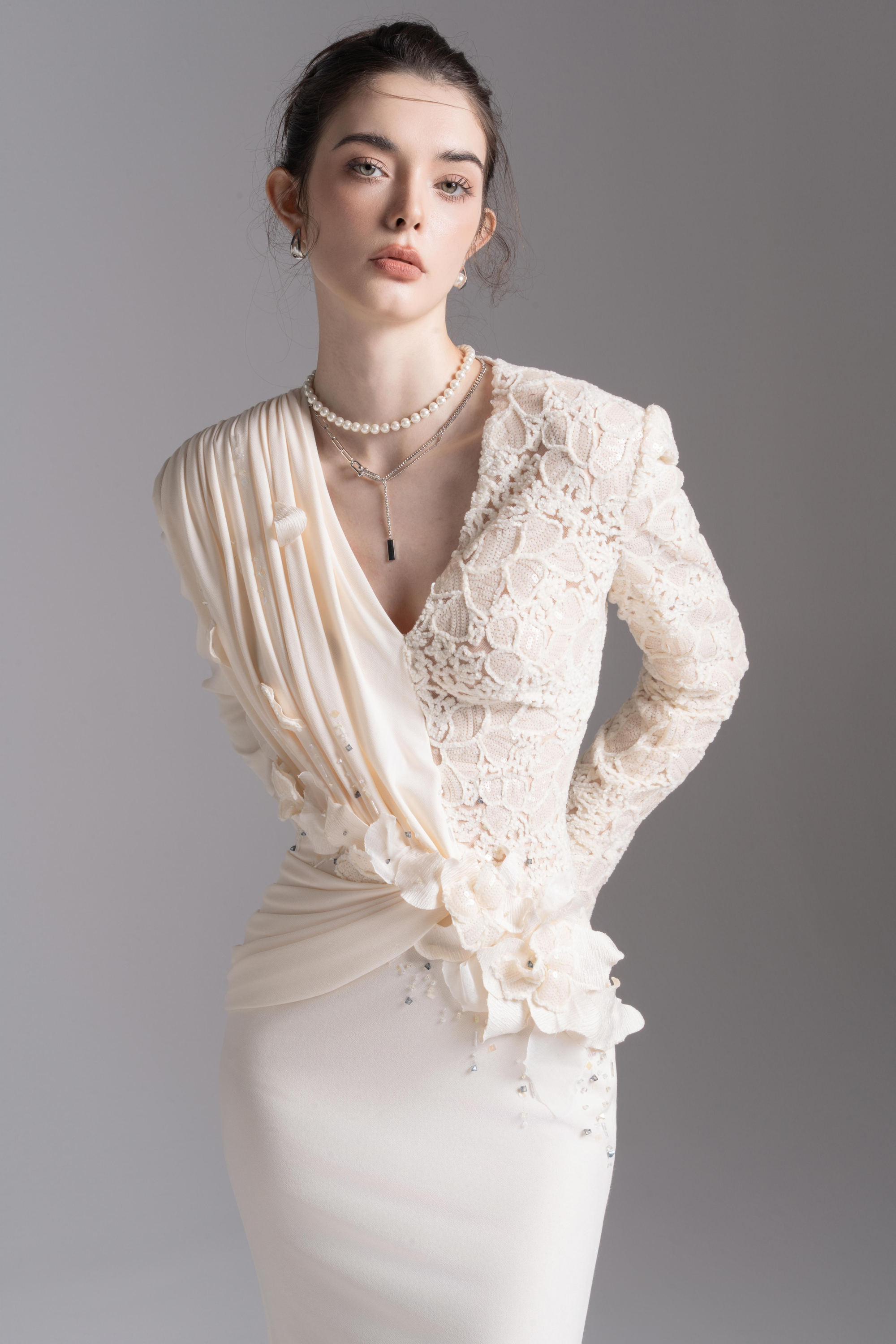 Opaline Bloom Dress - Cream Mermaid with 3D Lace Flowers XXS - US 0 / Cream Opaline Bloom Dress - Cream Mermaid with 3D Lace Flowers XXS - US 0 / Cream